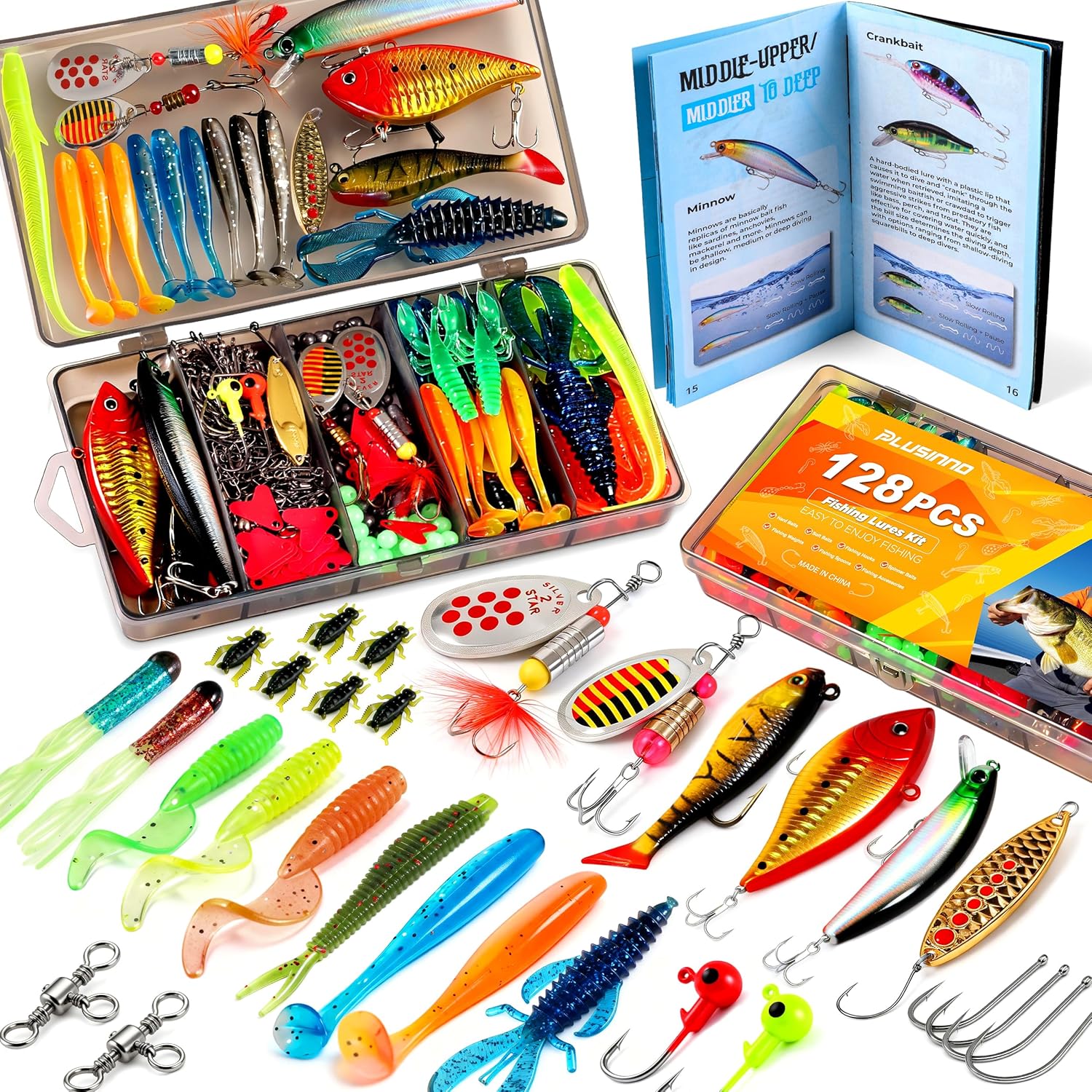 PLUSINNO 128PCS Fishing Lures, All-in-One Fishing Tackle Box with Tack – Plusinno