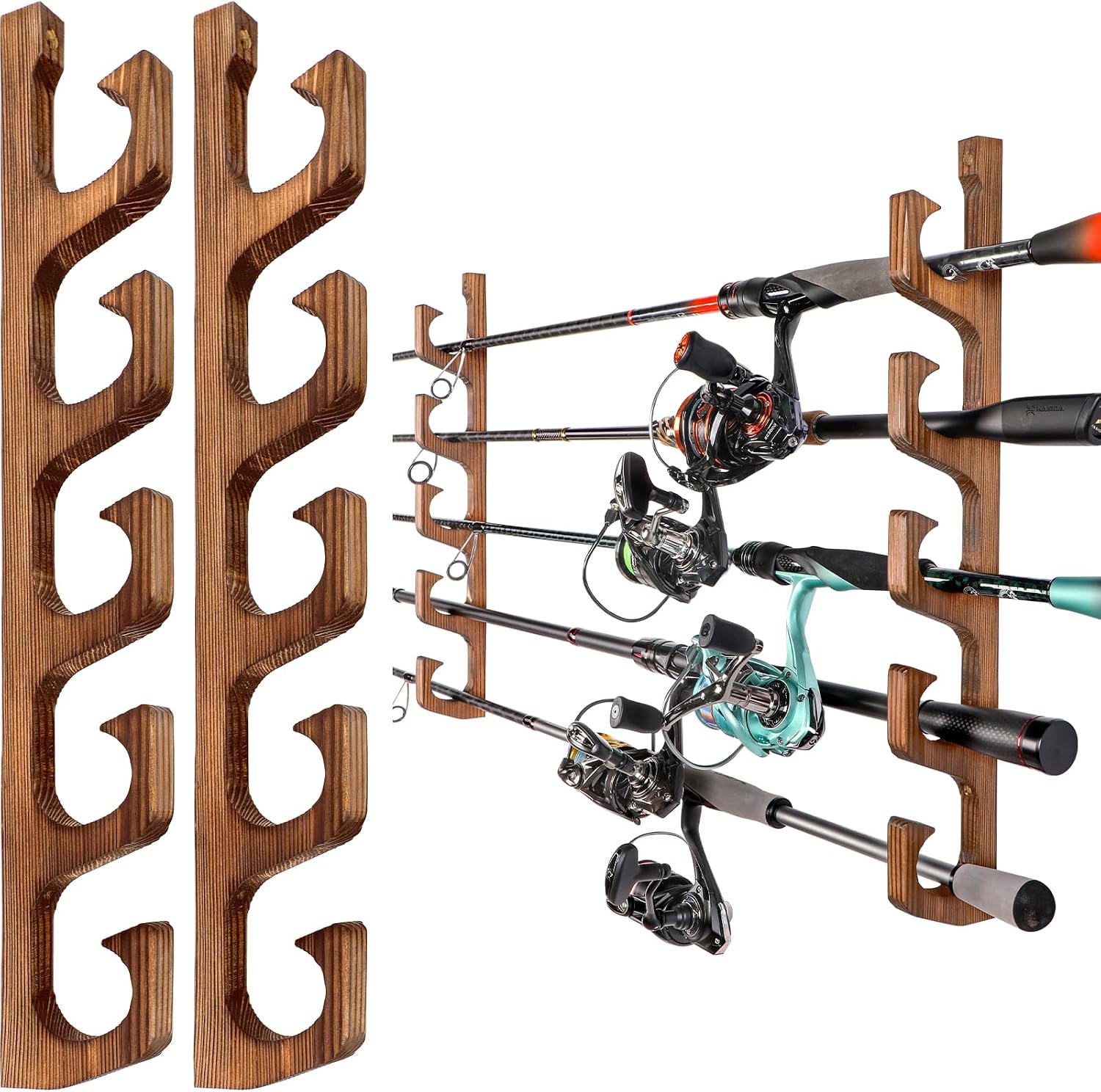 wooden fishing rod holder PLUSINNO H5W Horizontal Rod/Pole Holders for Garage, Wall or Ceiling Mounted Rack, Solid Wood Fishing Holds up to 5/10/20 Rods or Combos Fishing Gear, Gifts for Men A Black Forest Decor Exclusive How To Make A Fishing