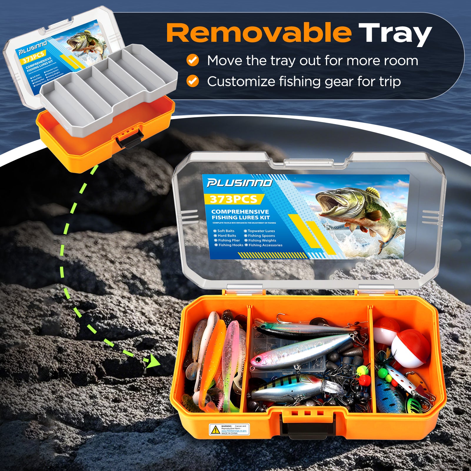 PLUSINNO 373PCS Fishing Lures Kit with Removable