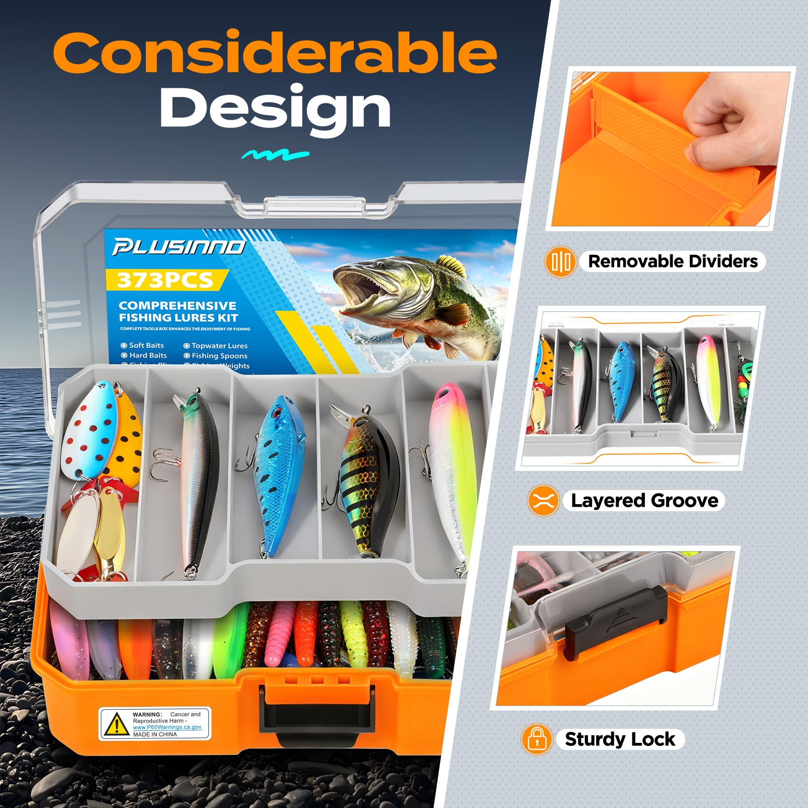 PLUSINNO 373PCS Fishing Lures Kit with Removable