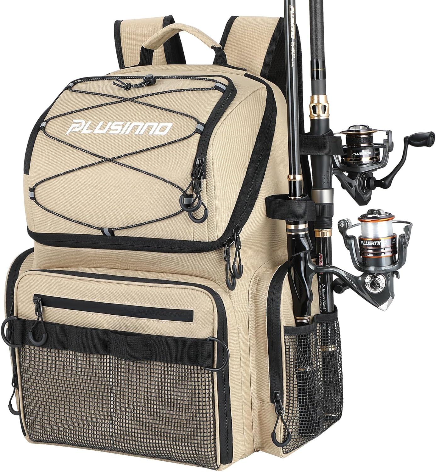 PLUSINNO 45L Large Water-resistant Backpack with Rod Holders & Cooler