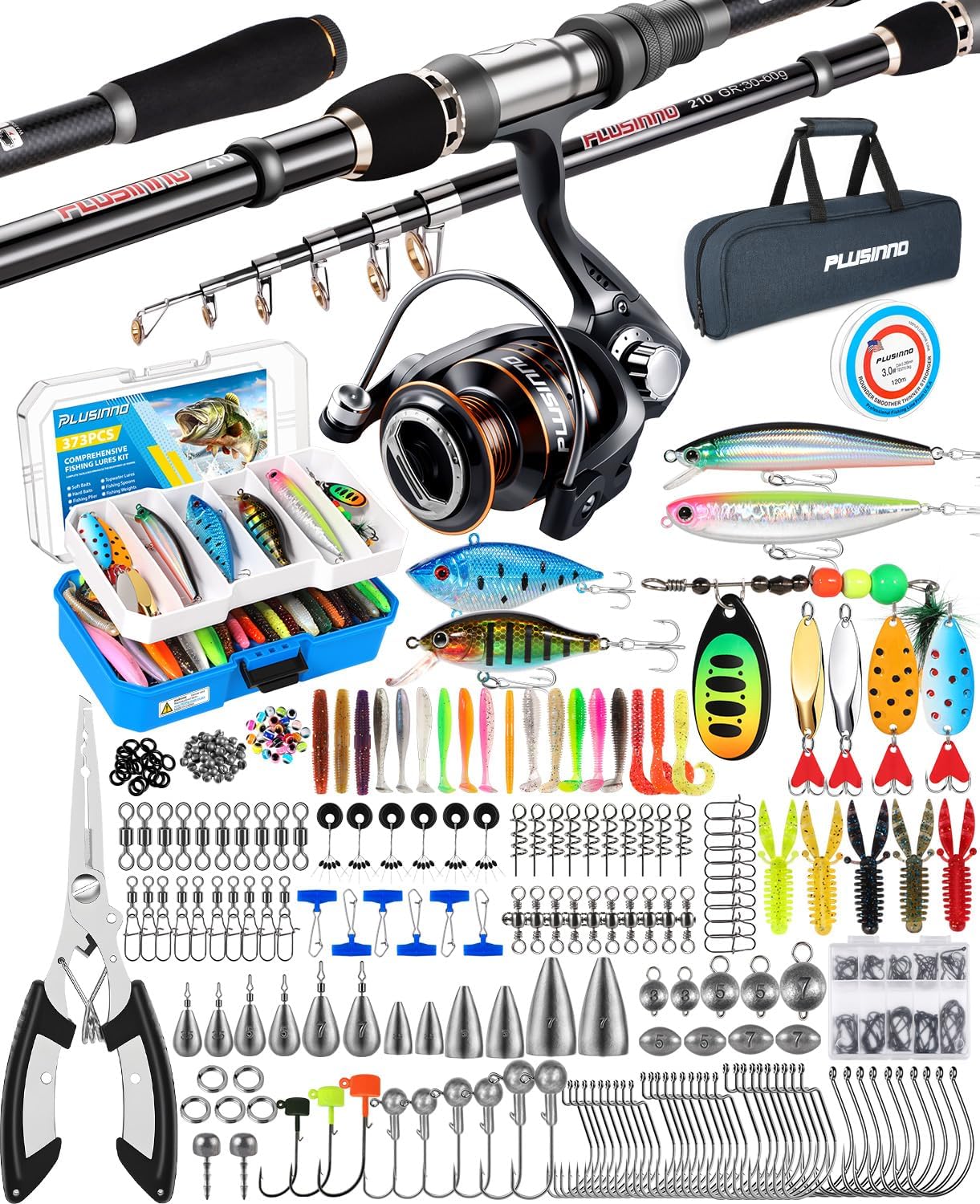 PLUSINNO Fishing Gear - Telescopic Fishing Rod and Reel Combo with Tackle Box and Lures Box
