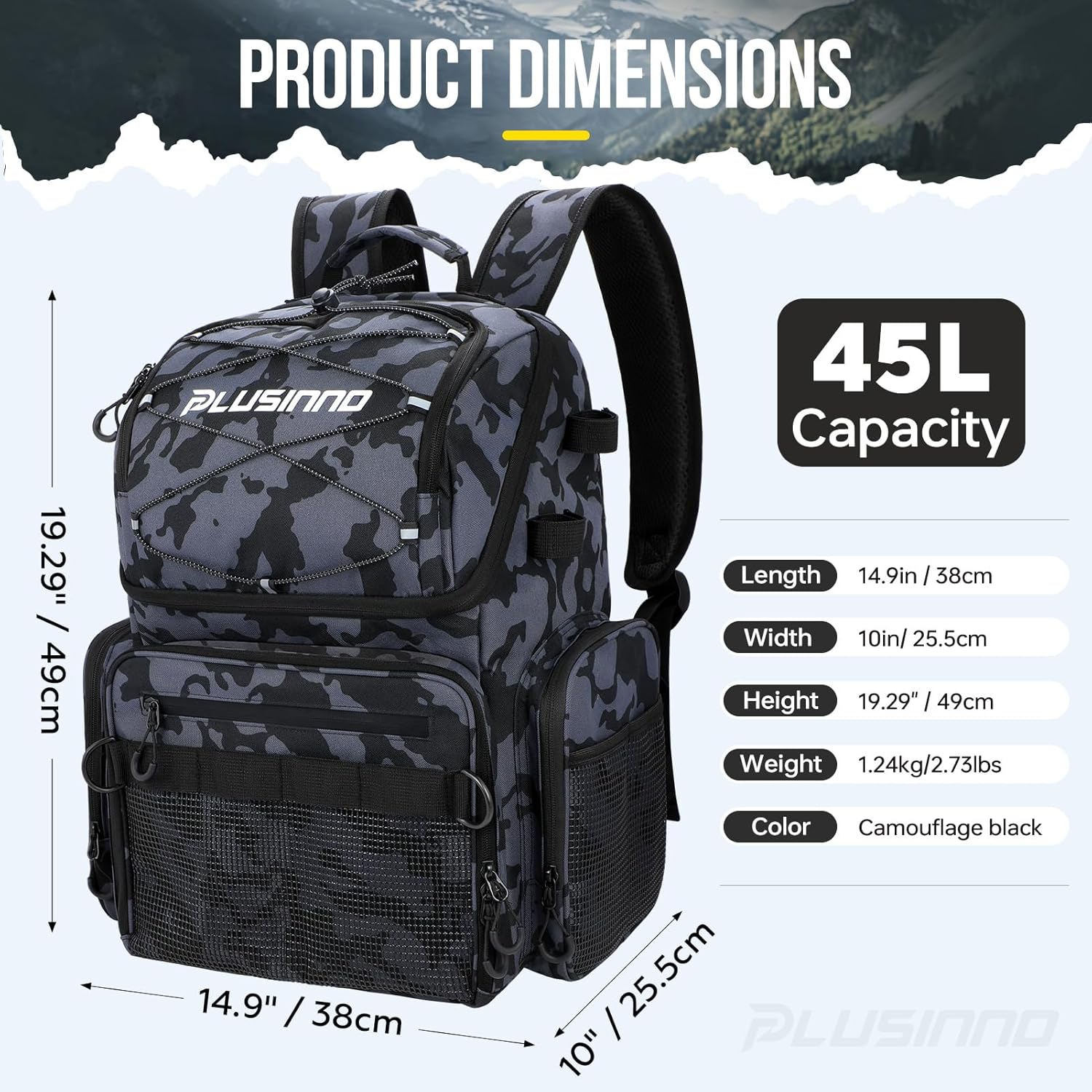 PLUSINNO 45L Large Water-resistant Backpack with Rod Holders & Cooler
