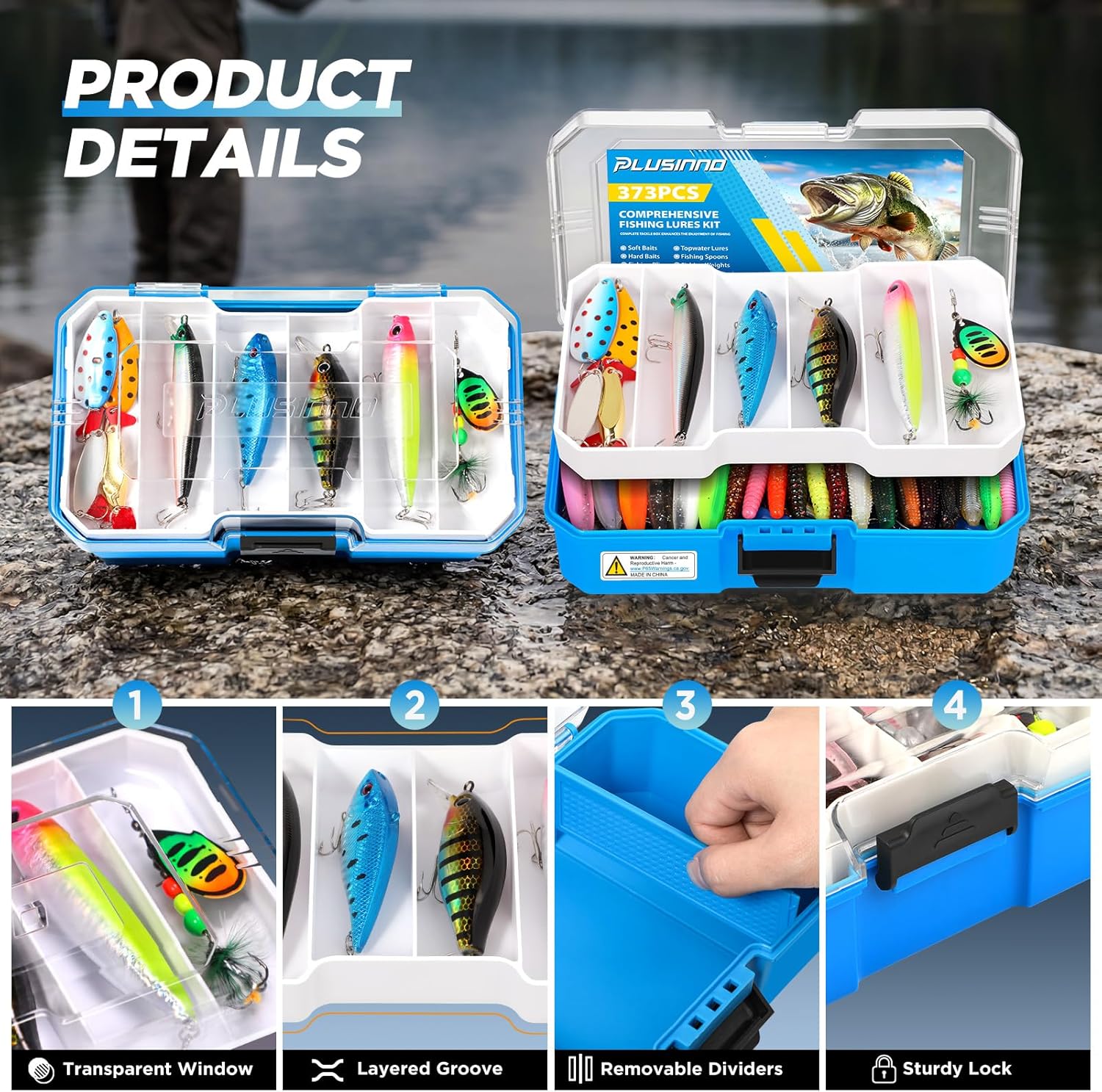 PLUSINNO Fishing Gear - Telescopic Fishing Rod and Reel Combo with Tackle Box and Lures Box