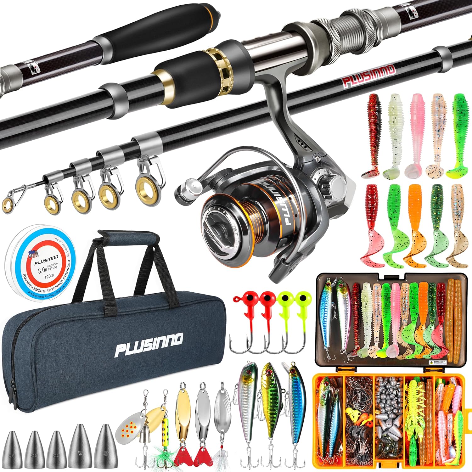PLUSINNO Fishing Gear - Telescopic Fishing Rod and Reel Combo with Tackle Box and Lures Box