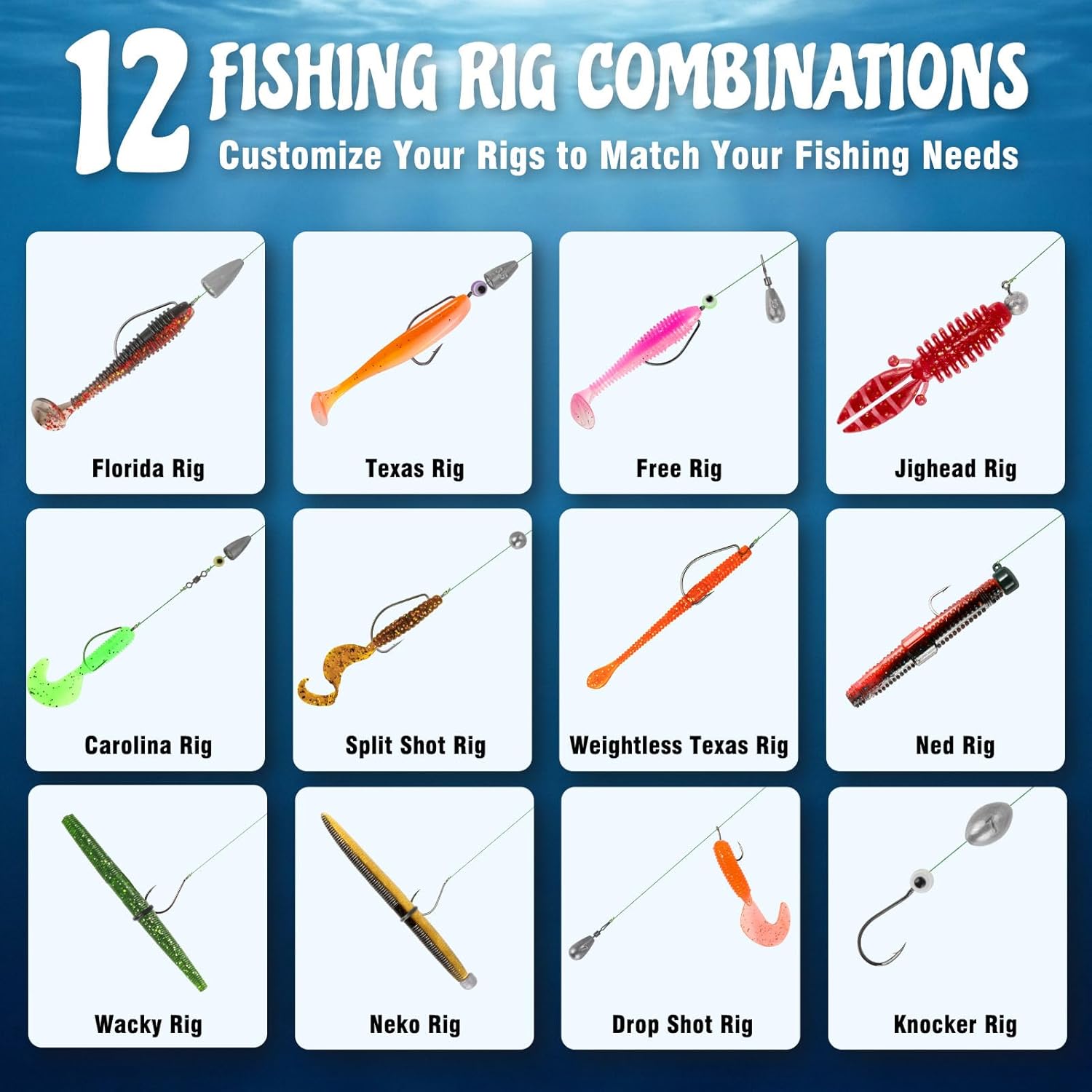 PLUSINNO Fishing Lures Kit, 211pcs Tackle Box with Tackle Included, Bass Fishing Kit with Pre-Rigged Jig Head Lures, Soft Baits, Hooks,