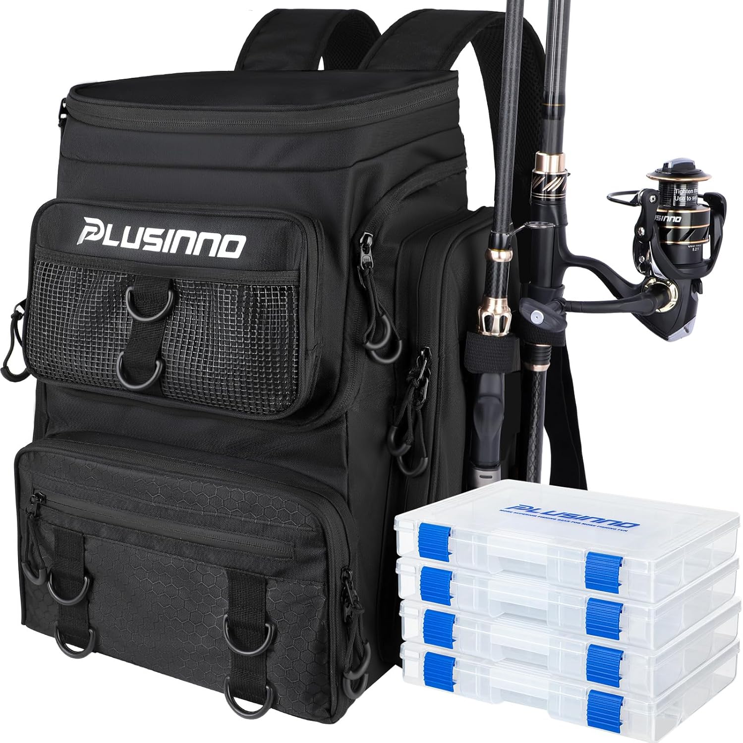 PLUSINNO Water-resistant Large Storage Fishing Tackle Bag with Rod Holders