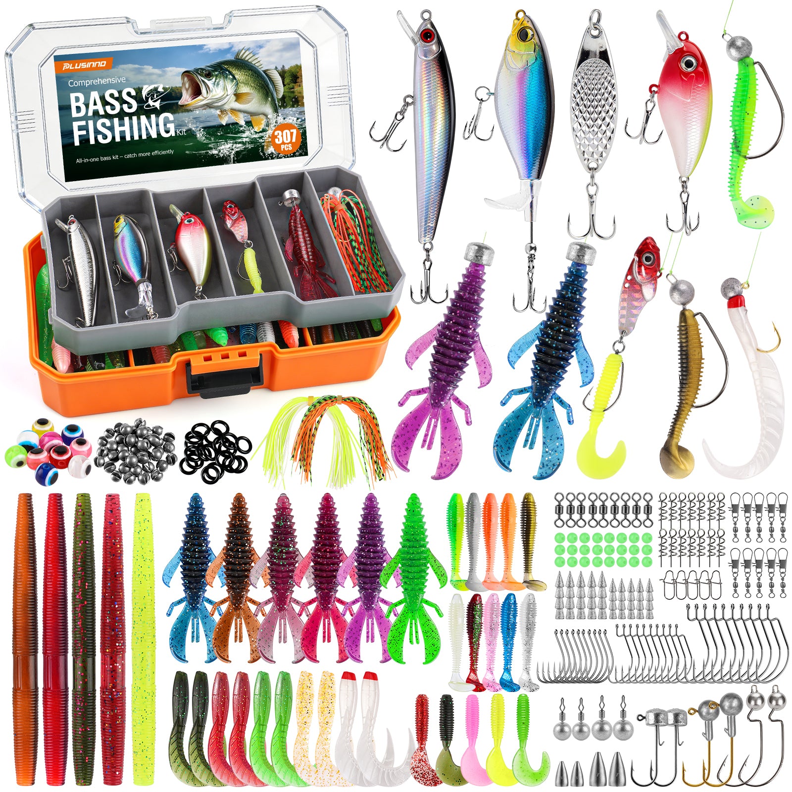 PLUSINNO 307PCS Fishing Tackle Box with Fishing Lures,Fishing Gifts for Men,Trout Fishing Lures,Topwater Lures,Hooks,Fishing Swivel,Spinnerbaits,Saltwater & Freshwater Fishing Gear and Equipment