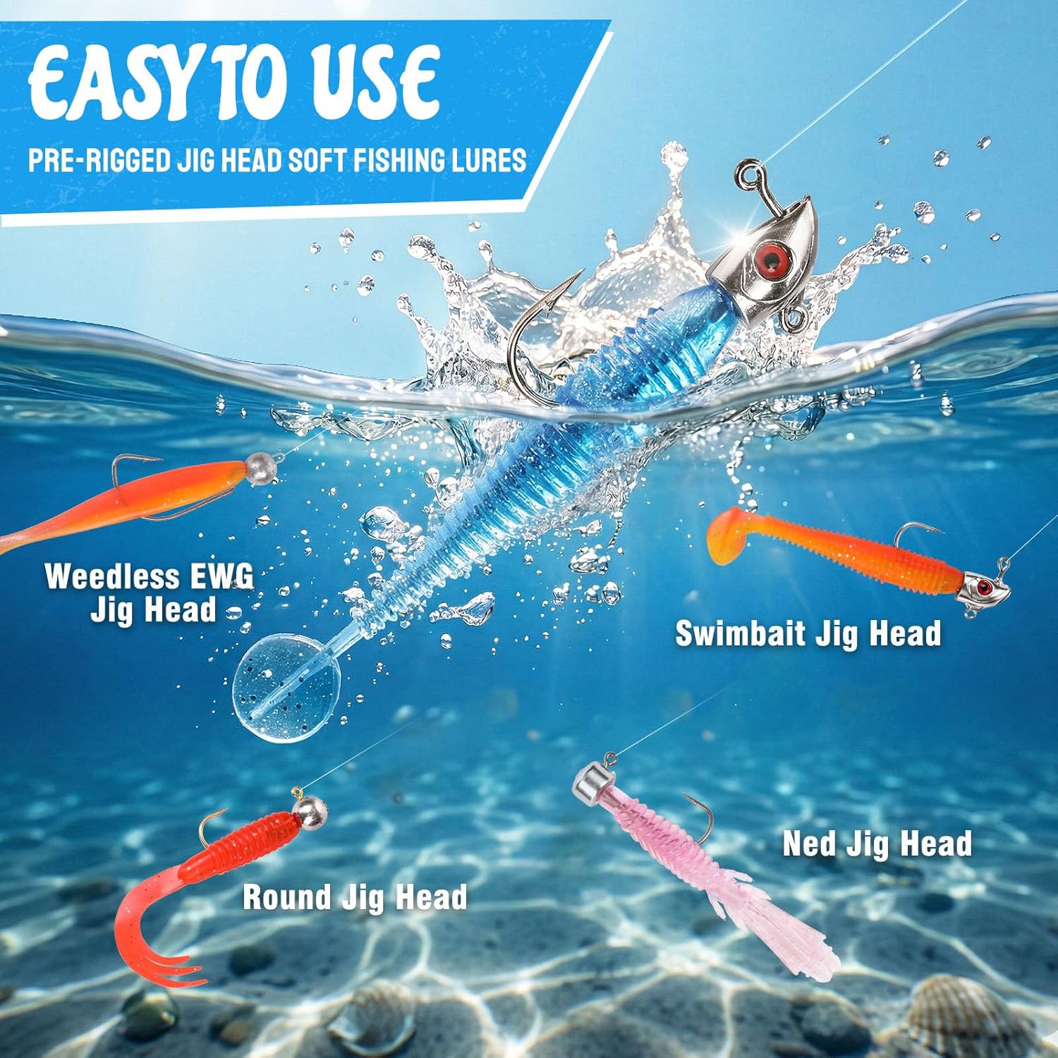 PLUSINNO Fishing Lures Kit, 211pcs Tackle Box with Tackle Included, Bass Fishing Kit with Pre-Rigged Jig Head Lures, Soft Baits, Hooks,