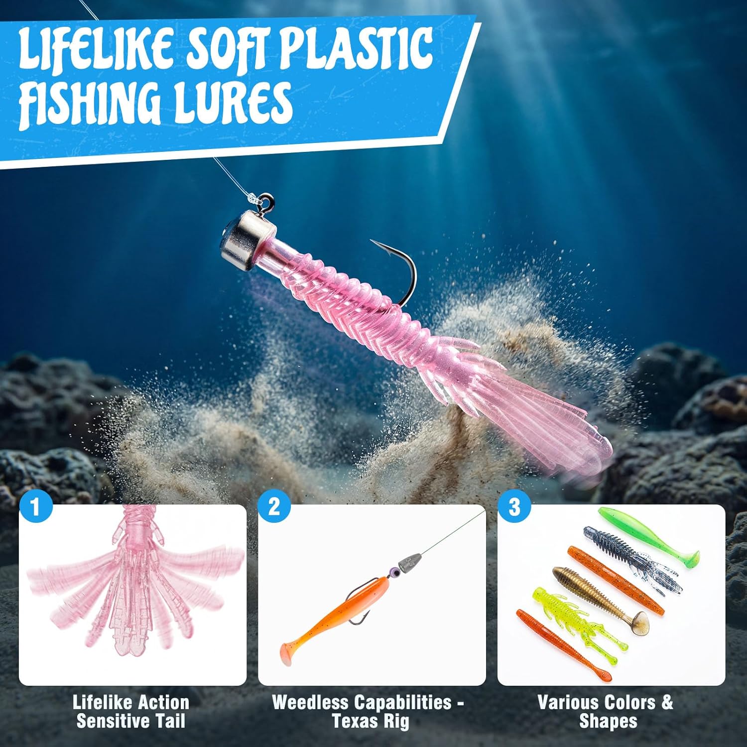 PLUSINNO Fishing Lures Kit, 211pcs Tackle Box with Tackle Included, Bass Fishing Kit with Pre-Rigged Jig Head Lures, Soft Baits, Hooks,