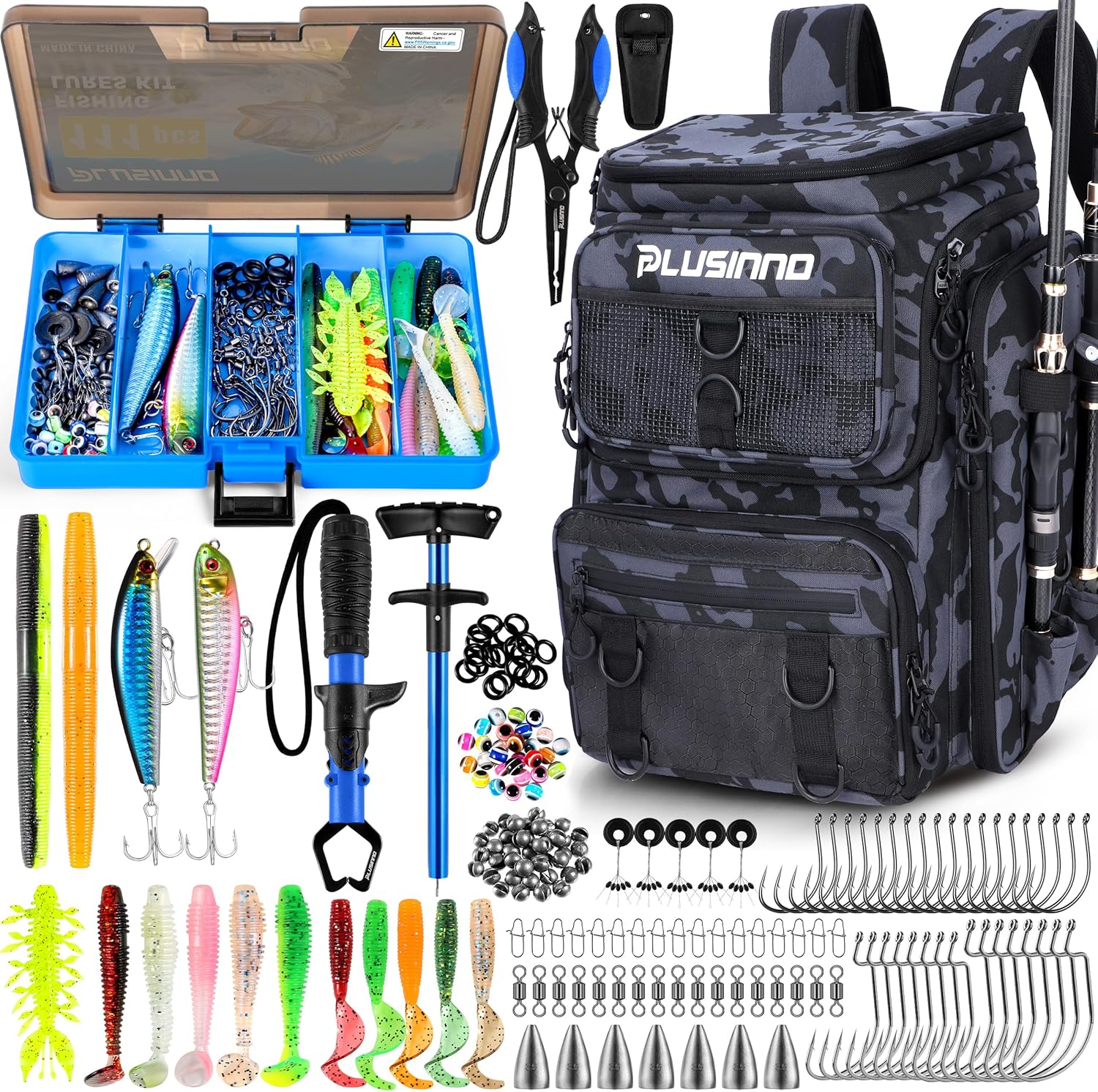 PLUSINNO Fishing Backpack with 111PCS Tackle Boxes and 42L Waterproof tackle Backpack,Lures,Tools,Pliers & Accessories, Fishing Gifts for Men
