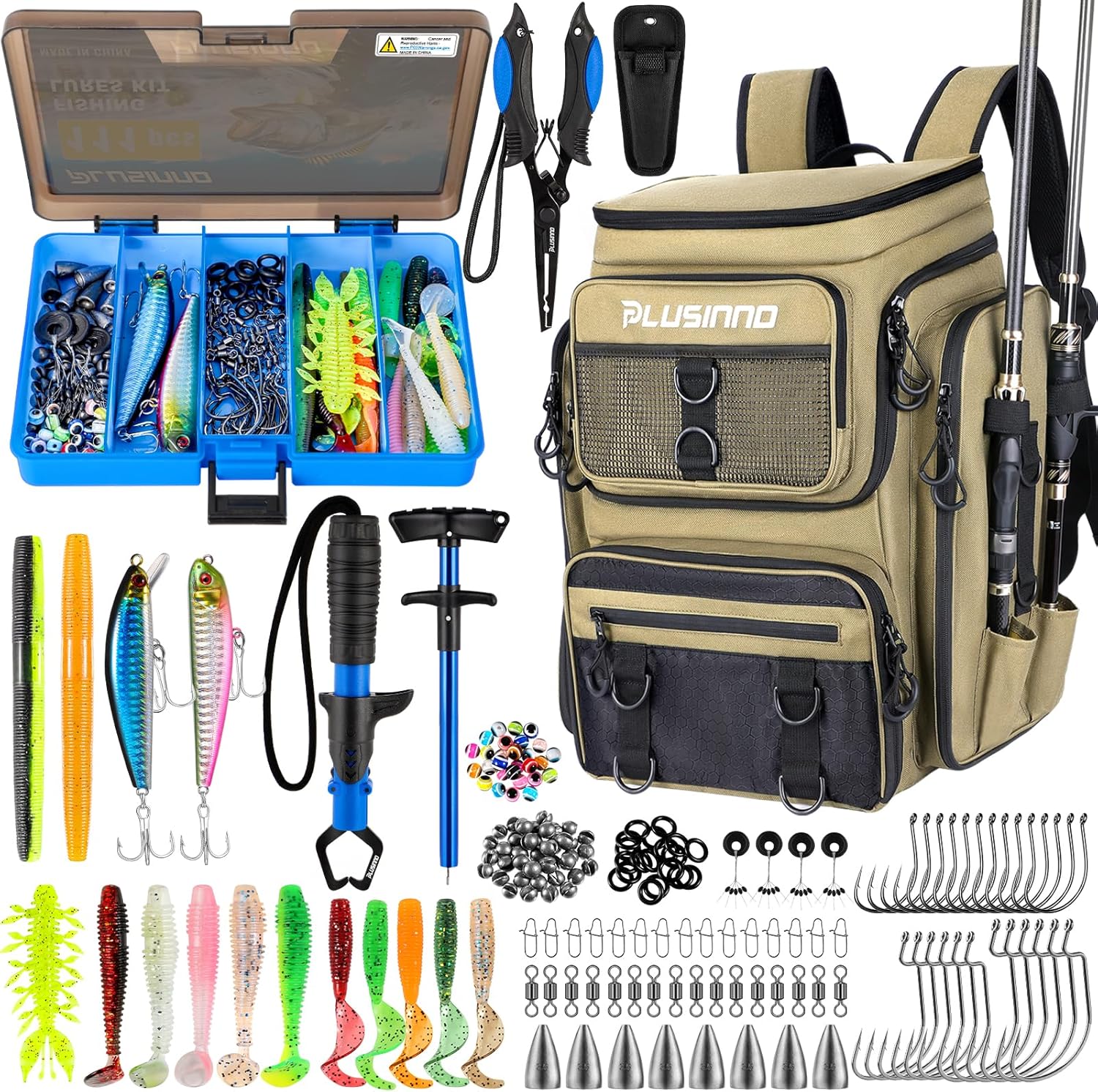 PLUSINNO Fishing Backpack with 111PCS Tackle Boxes and 42L Waterproof tackle Backpack,Lures,Tools,Pliers & Accessories, Fishing Gifts for Men