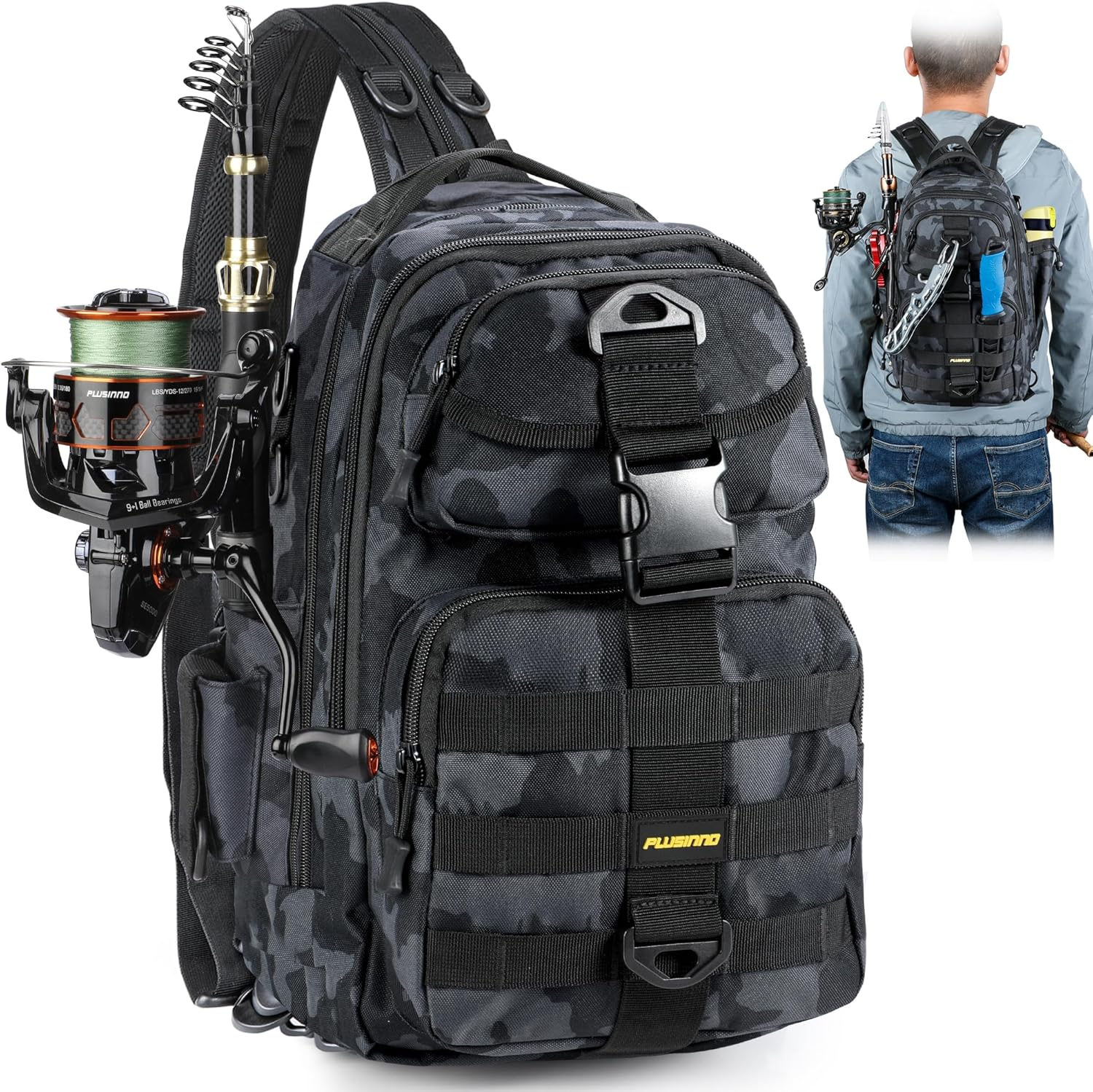 PLUSINNO Waterproof Fishing Tackle Backpack With Rod Holder