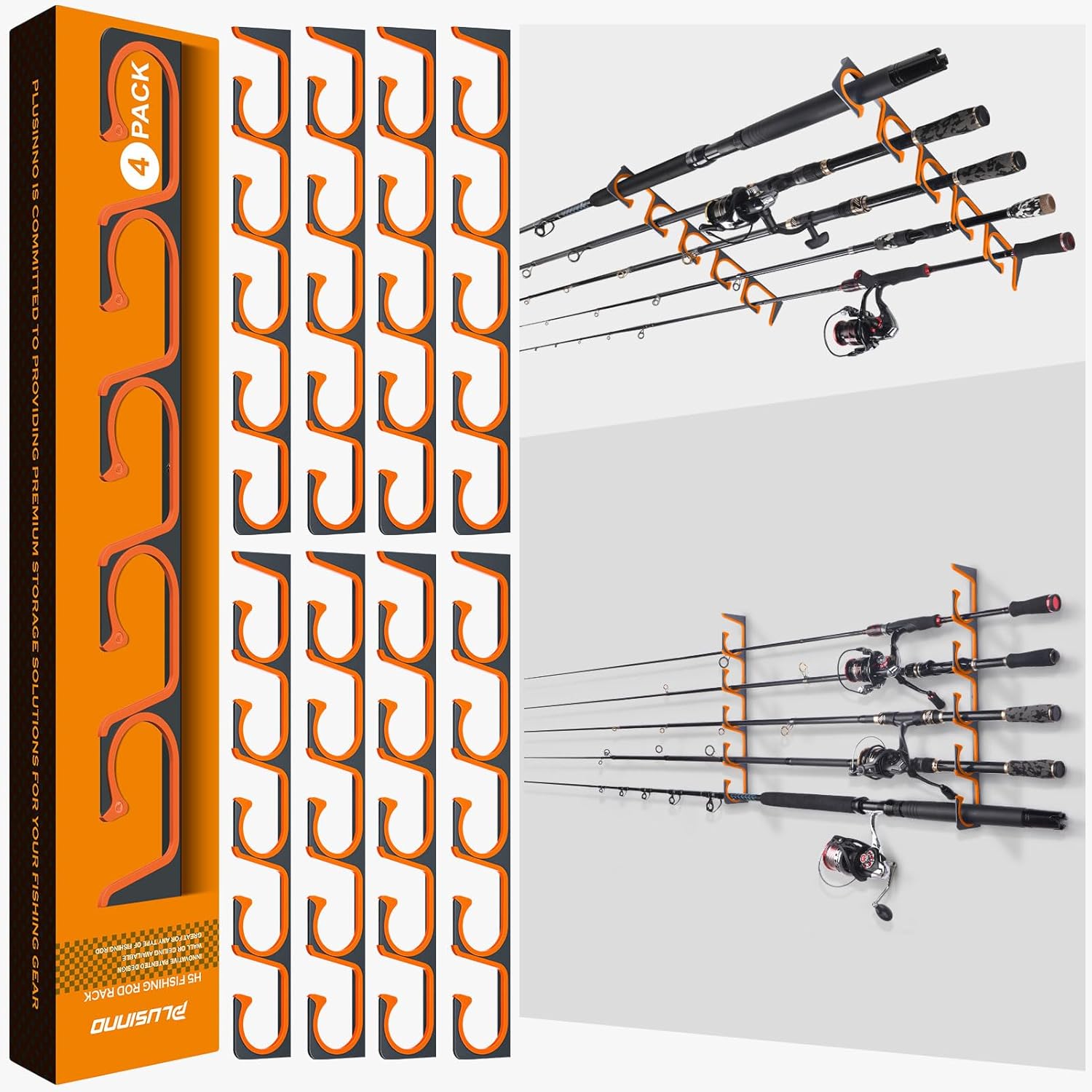 PLUSINNO Orange H5 Horizontal Fishing Rod Holder for Wall and Ceiling