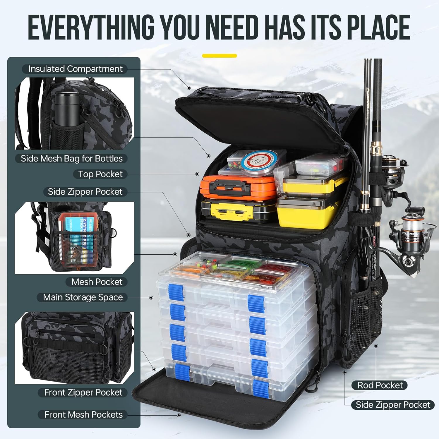PLUSINNO 45L Large Water-resistant Backpack with Rod Holders & Cooler