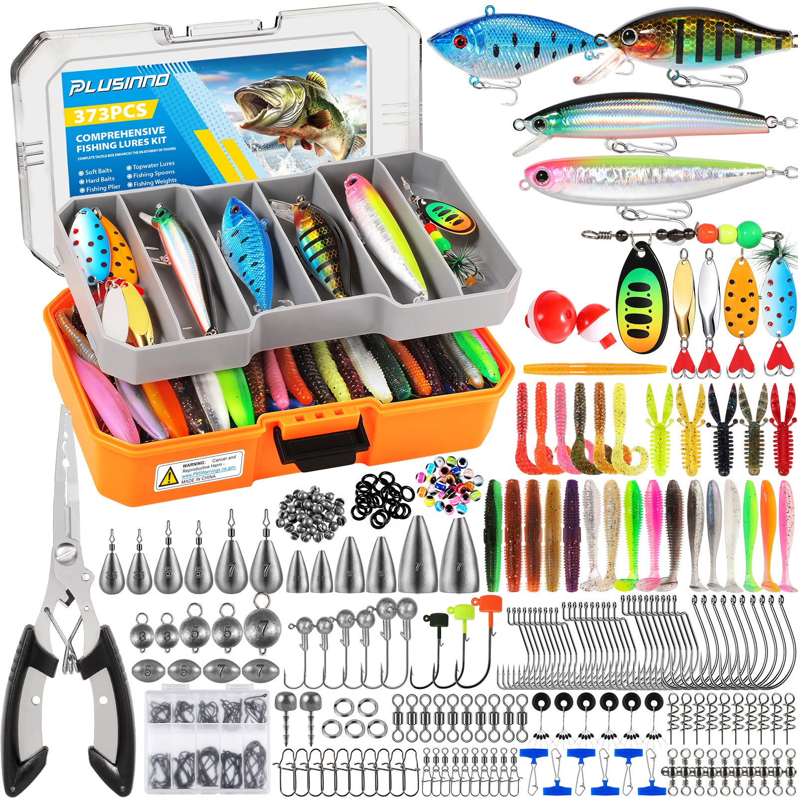 PLUSINNO 373PCS Fishing Lures Kit with Removable