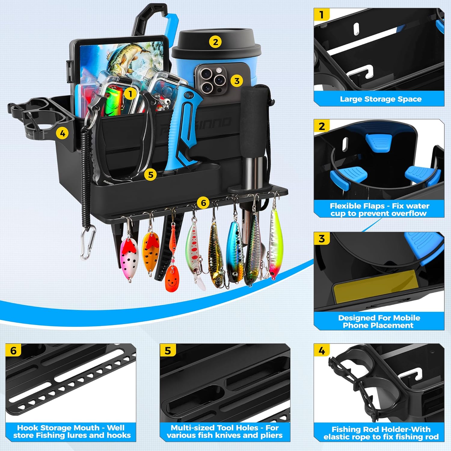 PLUSINNO Boat Cup Holder, Boat Caddy Organizer with Fishing Rod Holder,