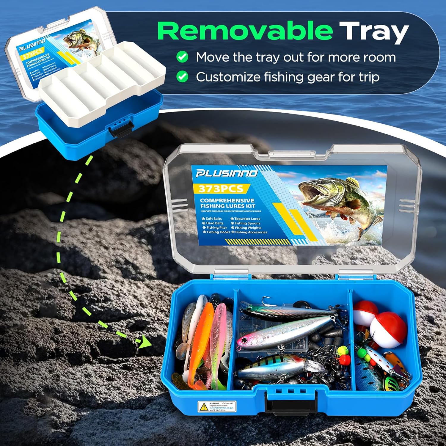PLUSINNO 373PCS Fishing Lures Kit with Removable Tray,
