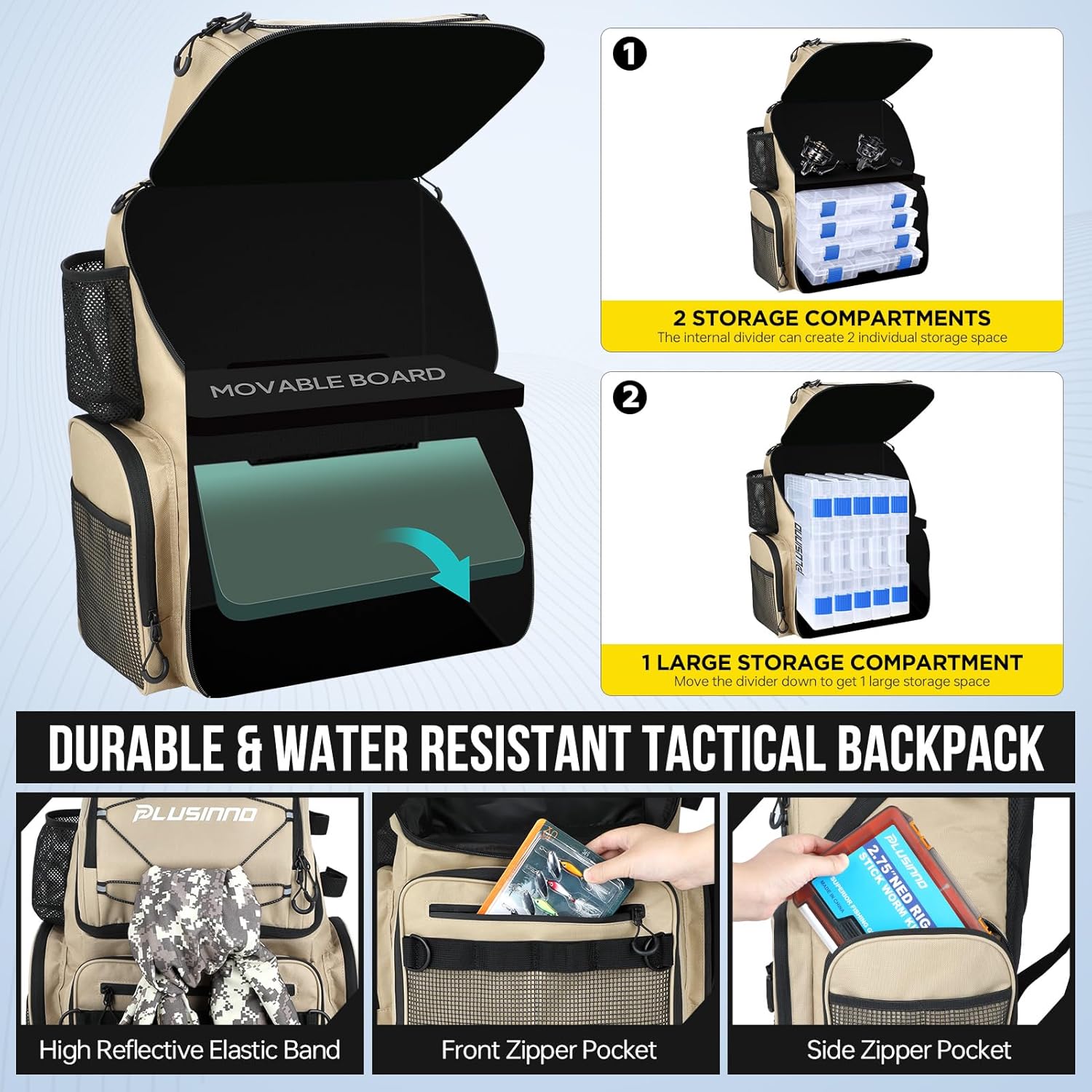 PLUSINNO 45L Large Water-resistant Backpack with Rod Holders & Cooler