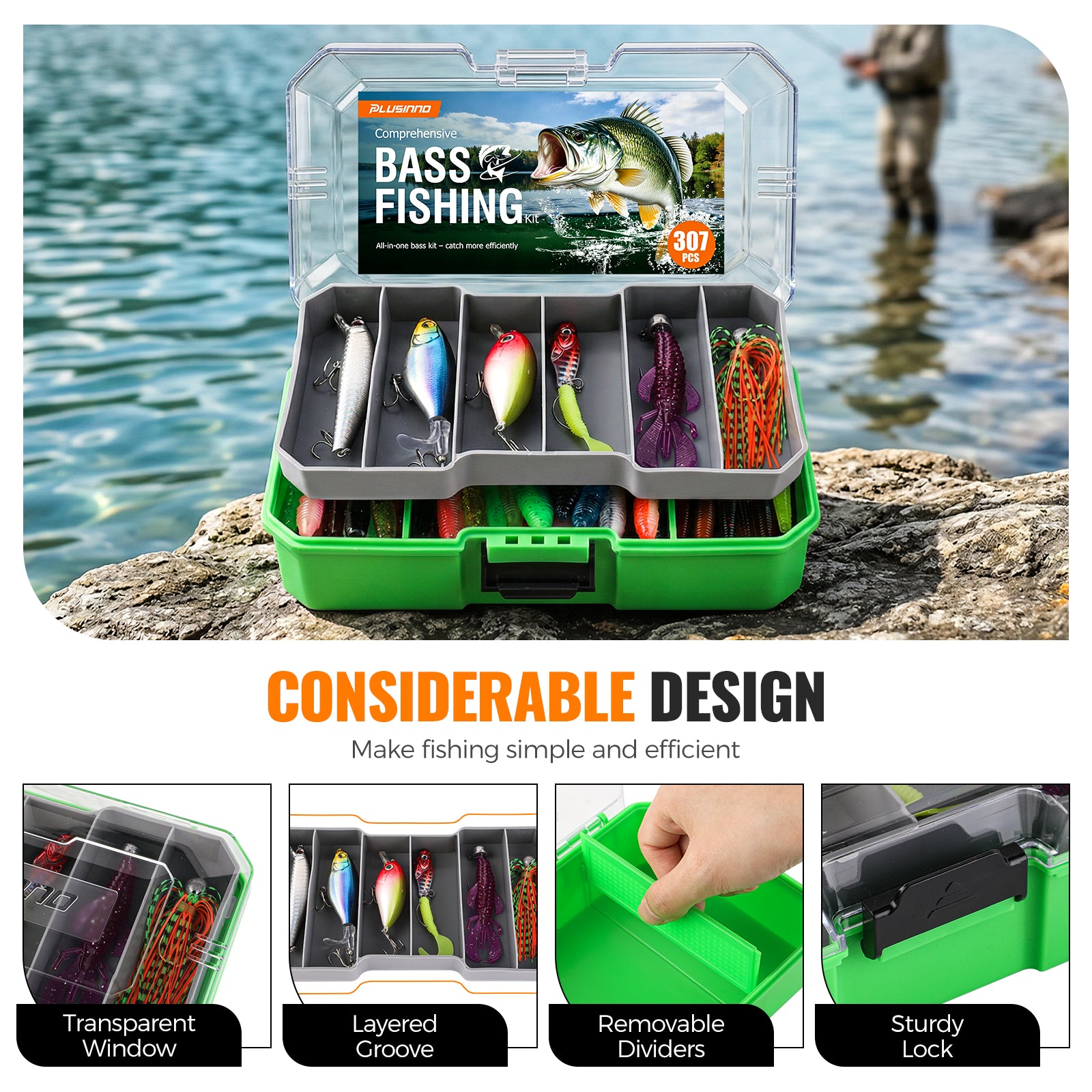 PLUSINNO 307PCS Fishing Tackle Box with Fishing Lures,Fishing Gifts for Men,Trout Fishing Lures,Topwater Lures,Hooks,Fishing Swivel,Spinnerbaits,Saltwater & Freshwater Fishing Gear and Equipment
