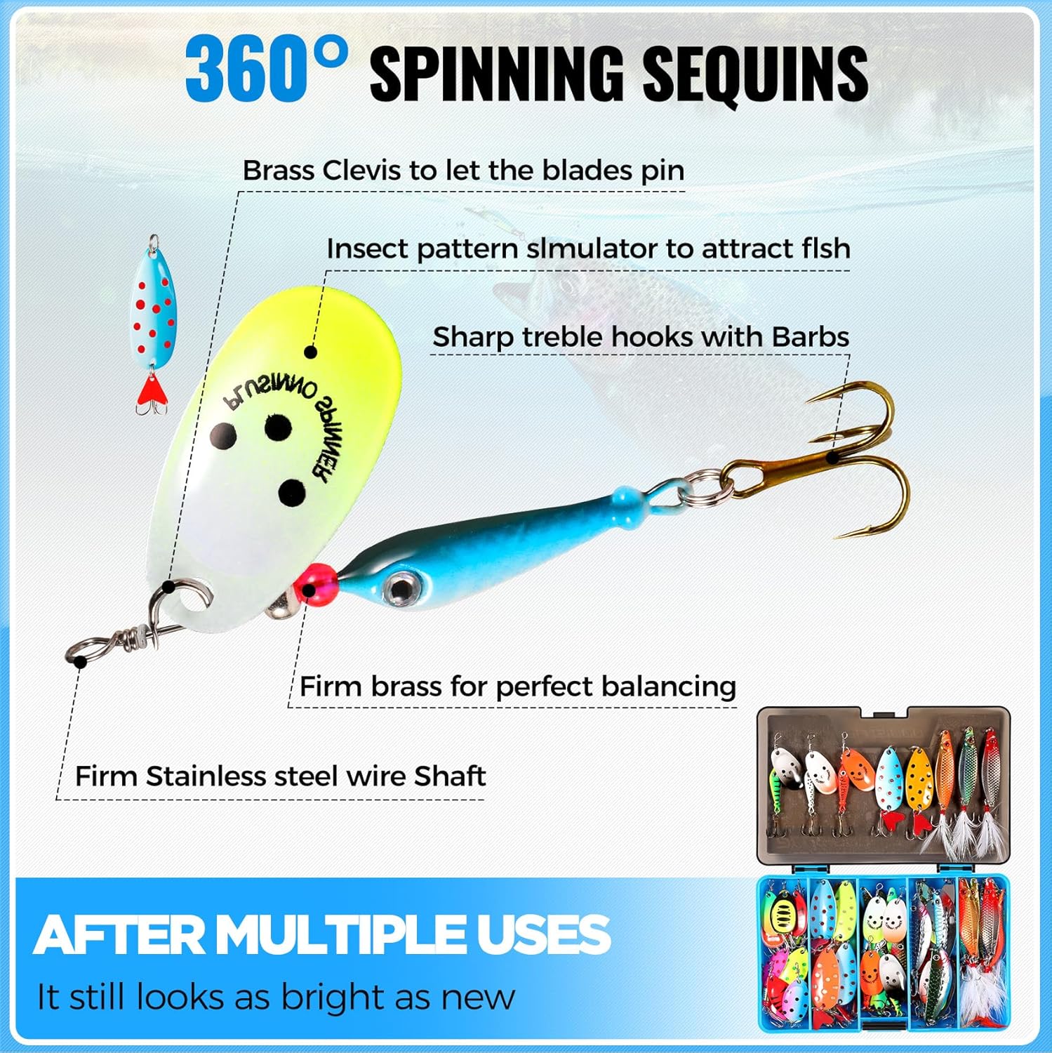 PLUSINNO  32pcs Fishing Lures Spinner set with box