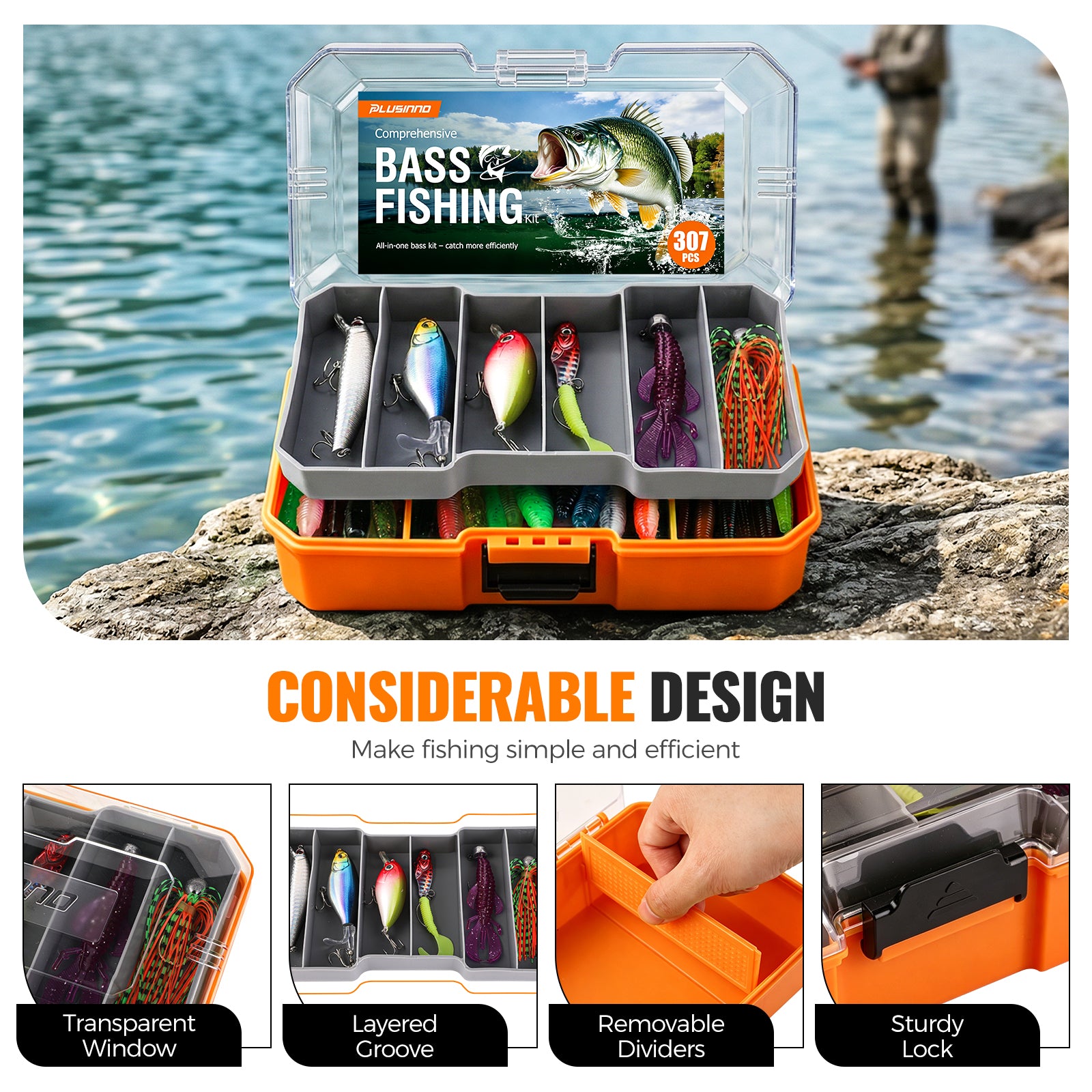 PLUSINNO 307PCS Fishing Tackle Box with Fishing Lures,Fishing Gifts for Men,Trout Fishing Lures,Topwater Lures,Hooks,Fishing Swivel,Spinnerbaits,Saltwater & Freshwater Fishing Gear and Equipment