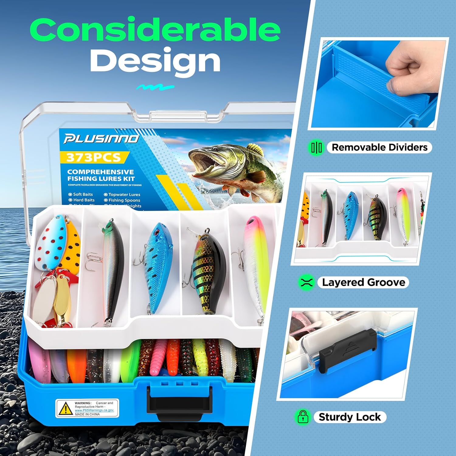 PLUSINNO 373PCS Fishing Lures Kit with Removable Tray,