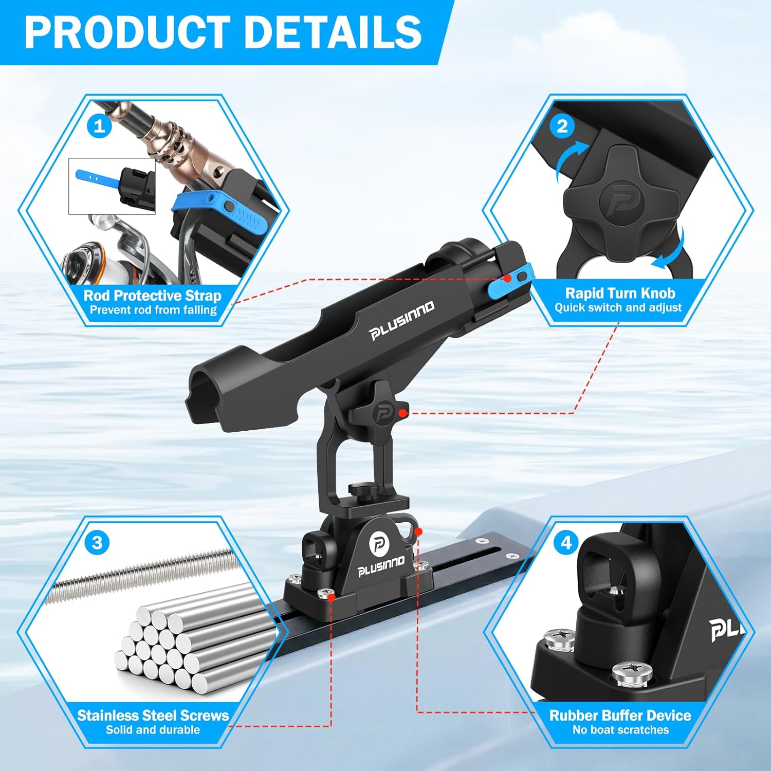 PLUSINNO Kayak Fishing Rod Holder with Tracks, 2 in 1 Fishing Rod Holders for Boat, Kayak Accessories