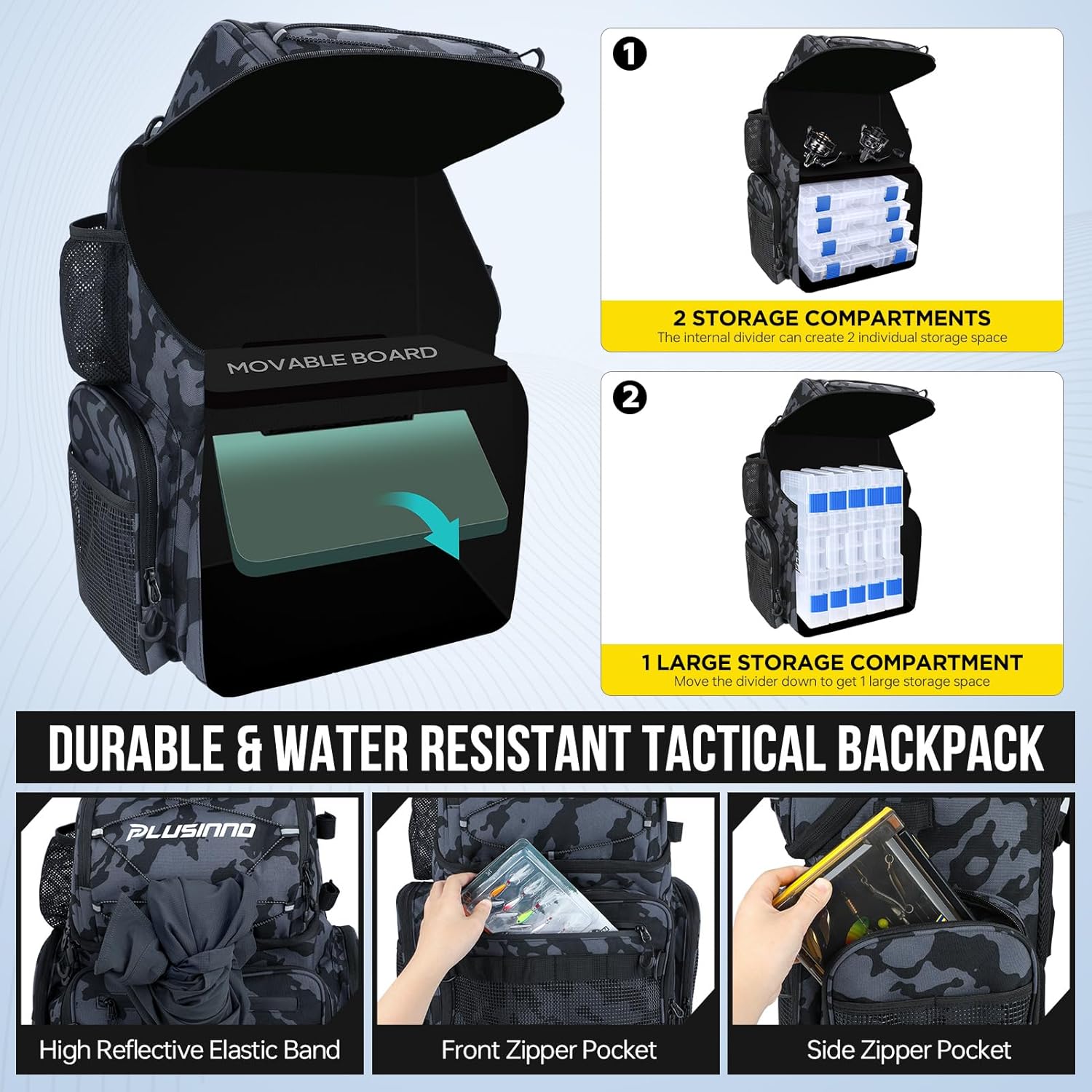PLUSINNO 45L Large Water-resistant Backpack with Rod Holders & Cooler