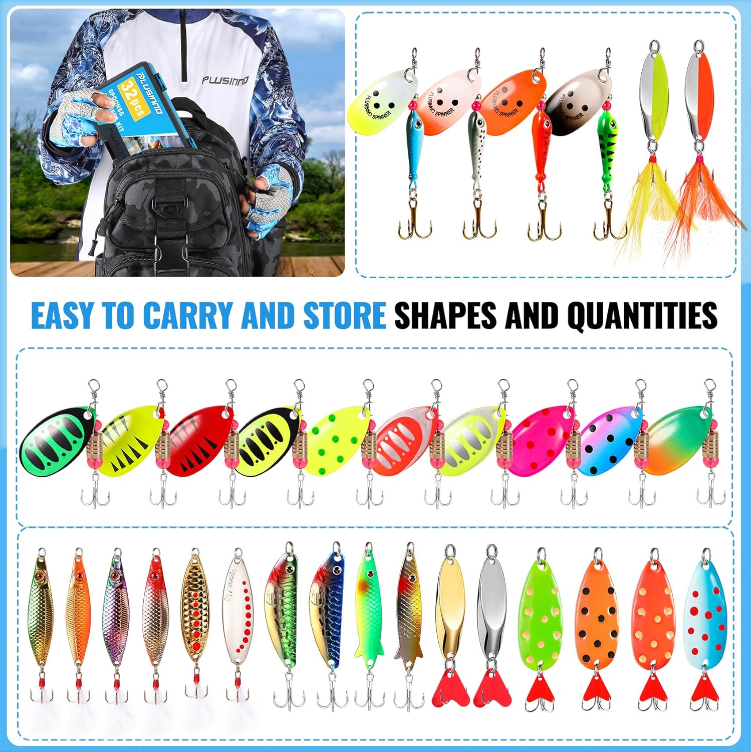 PLUSINNO  32pcs Fishing Lures Spinner set with box