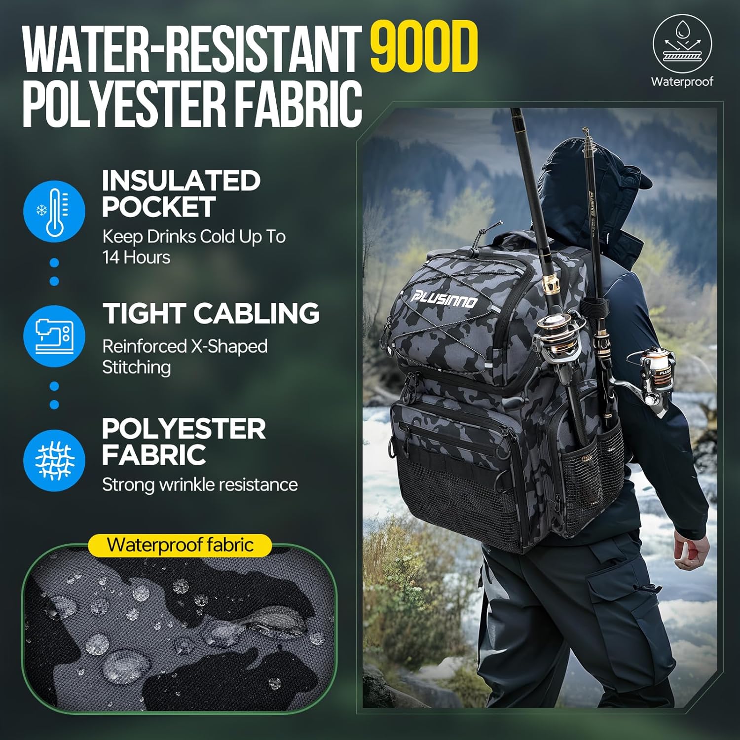 PLUSINNO 45L Large Water-resistant Backpack with Rod Holders & Cooler