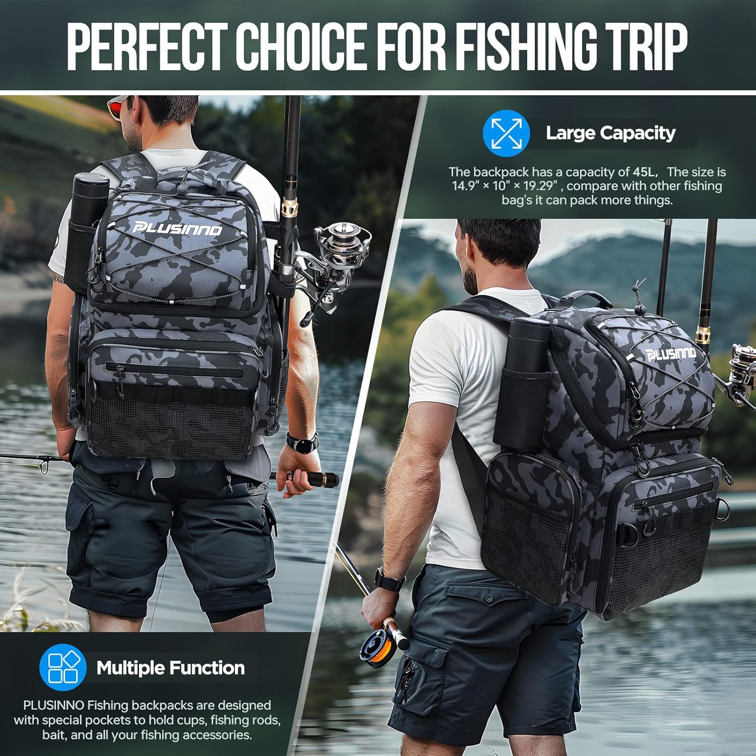 PLUSINNO 45L Large Water-resistant Backpack with Rod Holders & Cooler