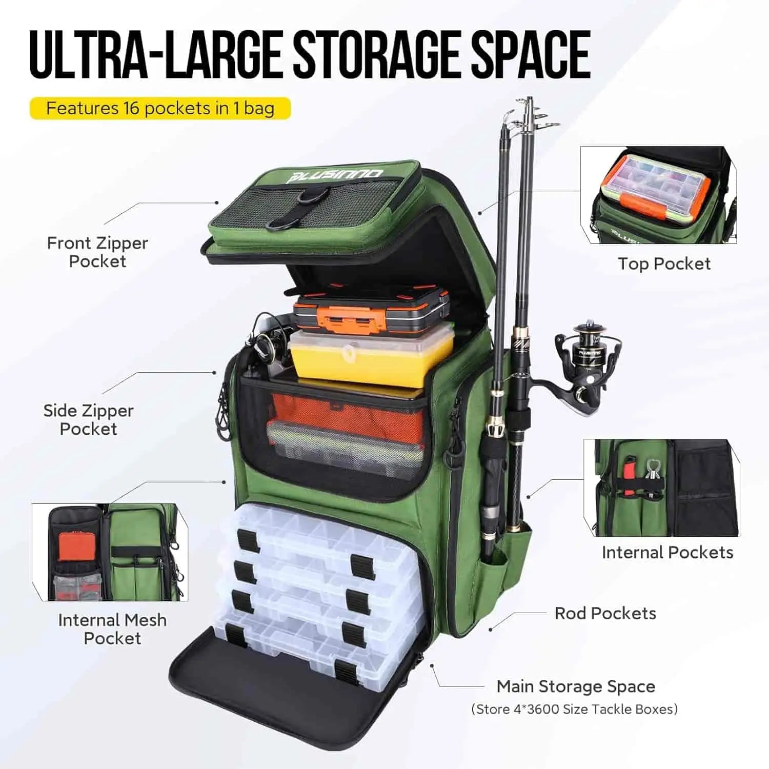 PLUSINNO Water-resistant Large Storage Fishing Tackle Bag with Rod Hol – Plusinno