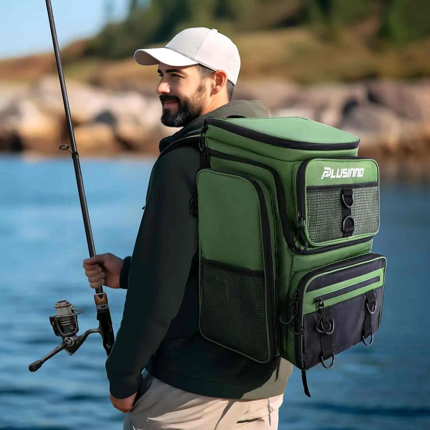 PLUSINNO Water-resistant Large Storage Fishing Tackle Bag with Rod Hol – Plusinno