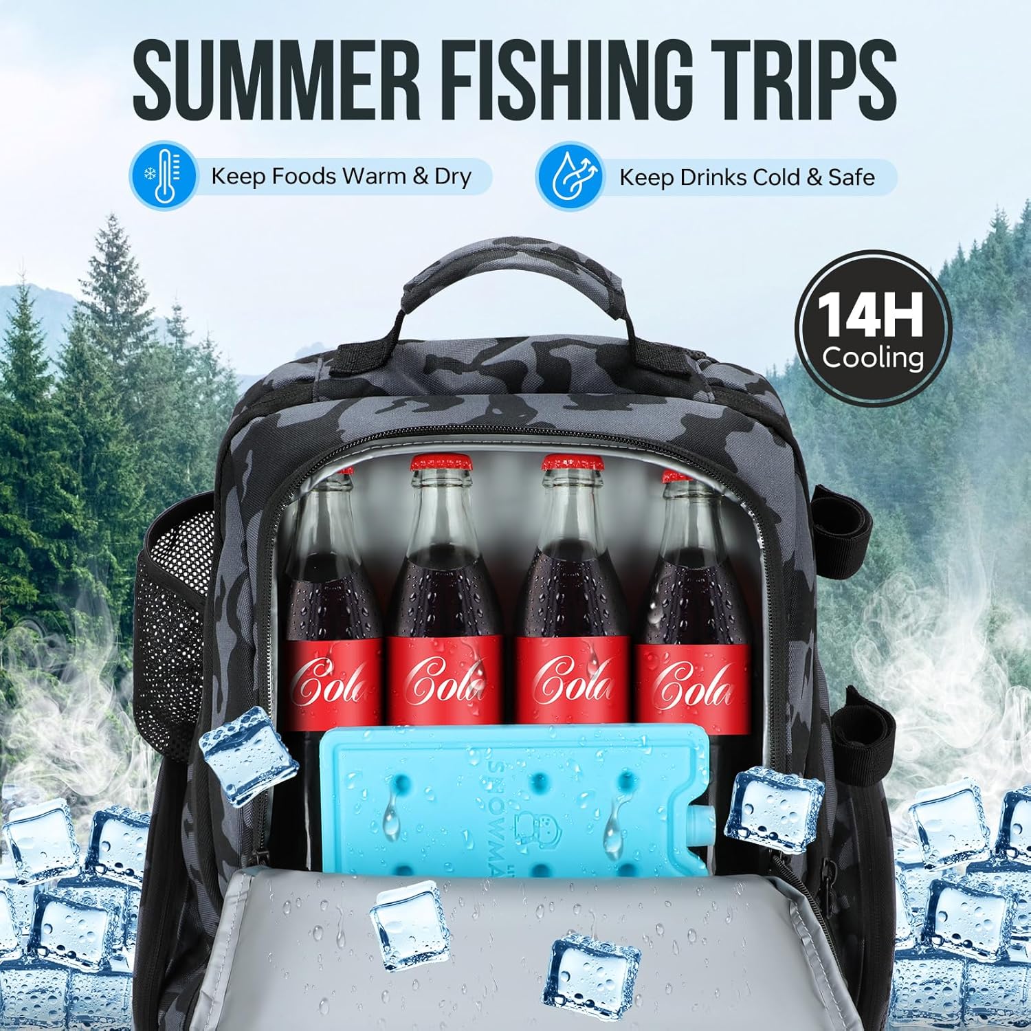 PLUSINNO 45L Large Water-resistant Backpack with Rod Holders & Cooler