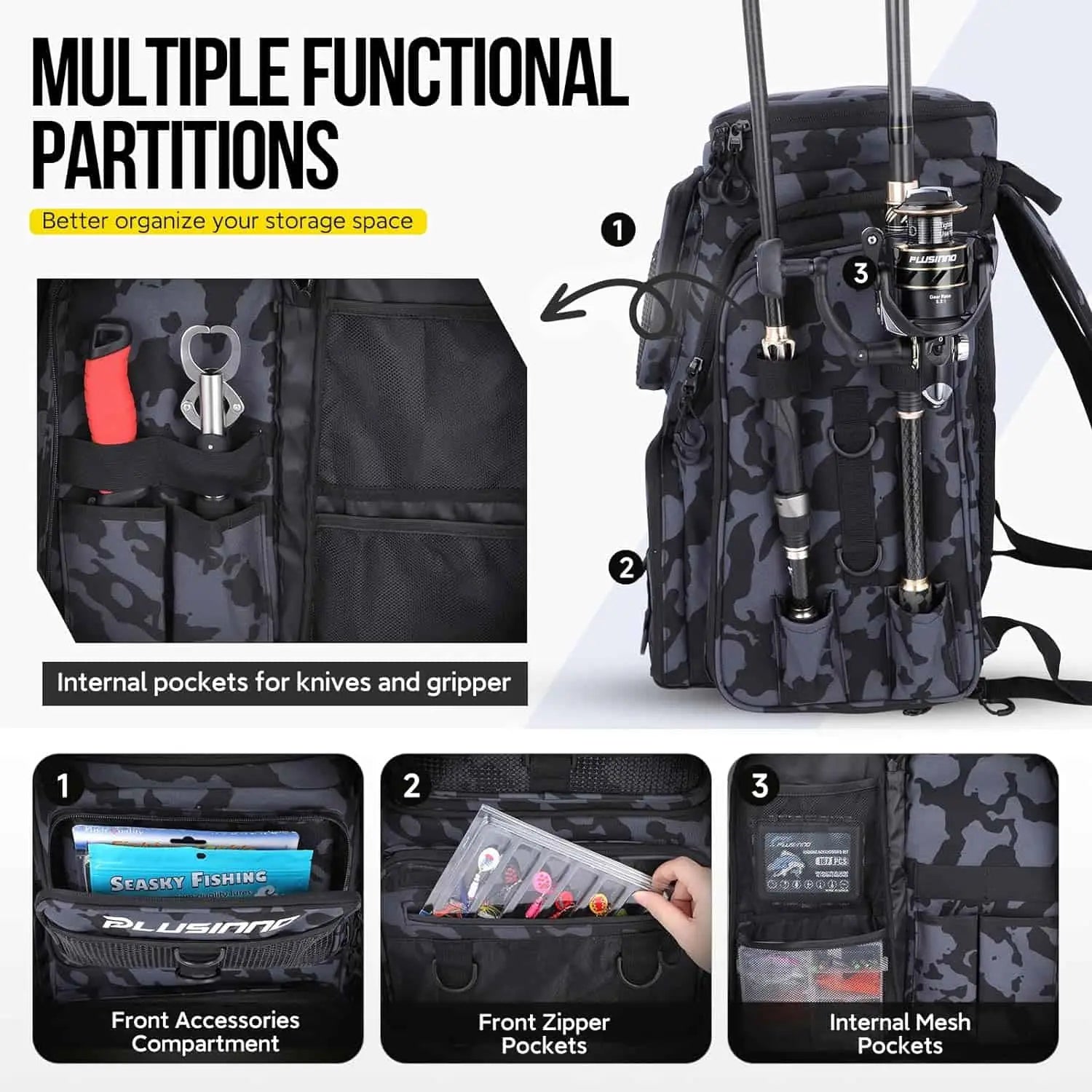 PLUSINNO Water-resistant Large Storage Fishing Tackle Bag with Rod Holders