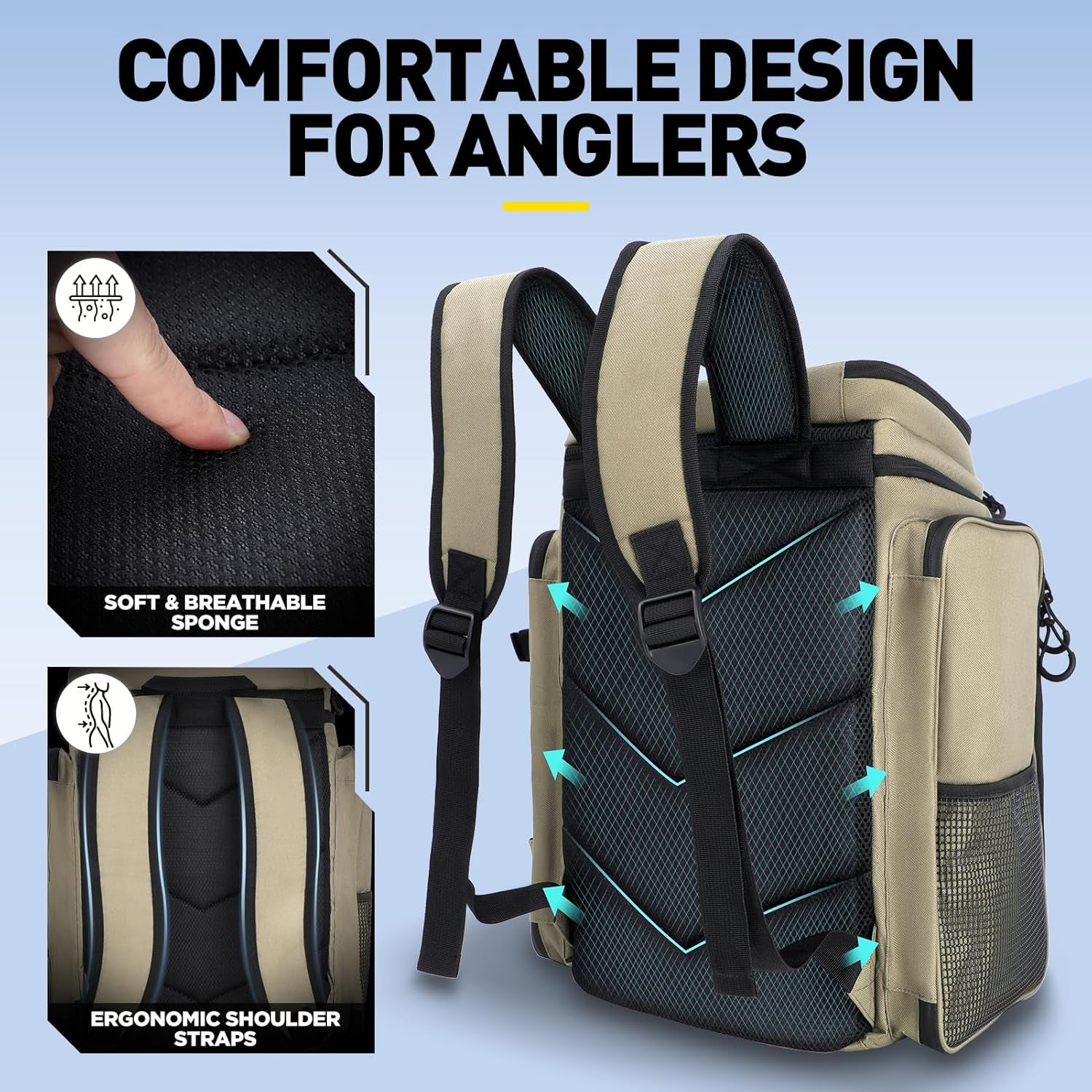 42L Multi-Combo Water-Resistant Fishing Backpack – Built-in Rod Holders + Tackle Box, multi-functional storage for all fishing gear. Heavy-duty, waterproof, keeps tackle/rods secure for angling trips.