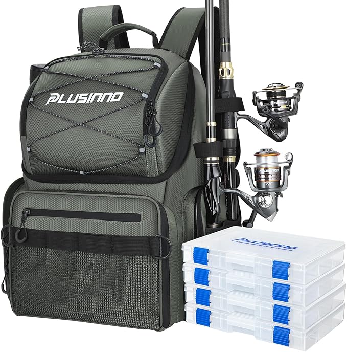 PLUSINNO 45L Large Water-resistant Backpack with Rod Holders & Cooler