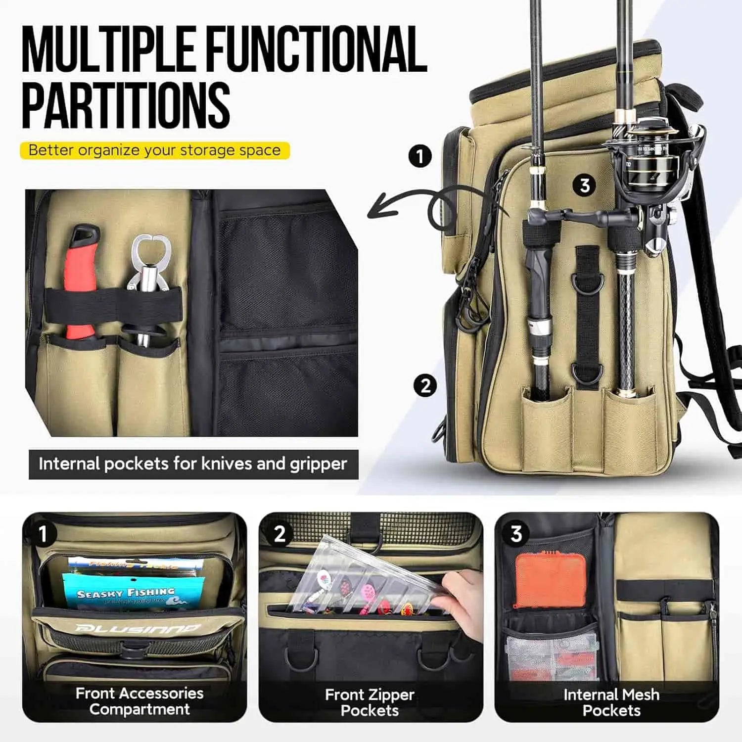 PLUSINNO Water-resistant Large Storage Fishing Tackle Bag with Rod Holders