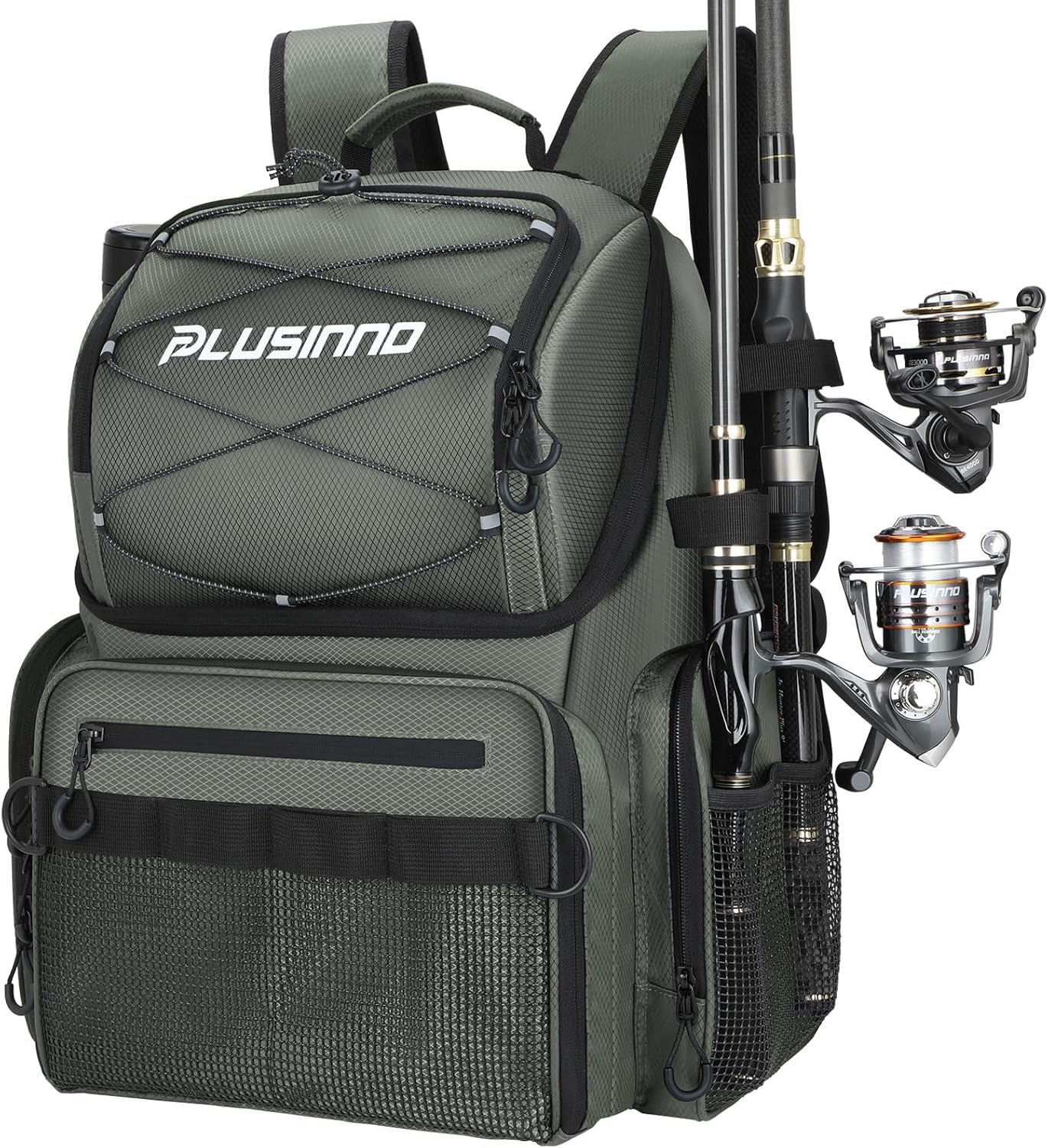 PLUSINNO 45L Large Water-resistant Backpack with Rod Holders & Cooler