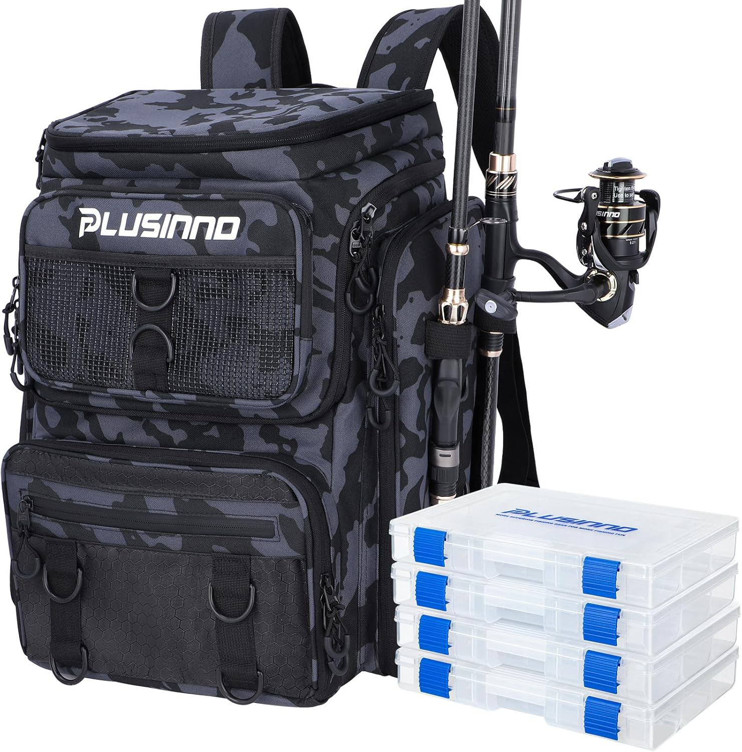 PLUSINNO Water-resistant Large Storage Fishing Tackle Bag with Rod Holders