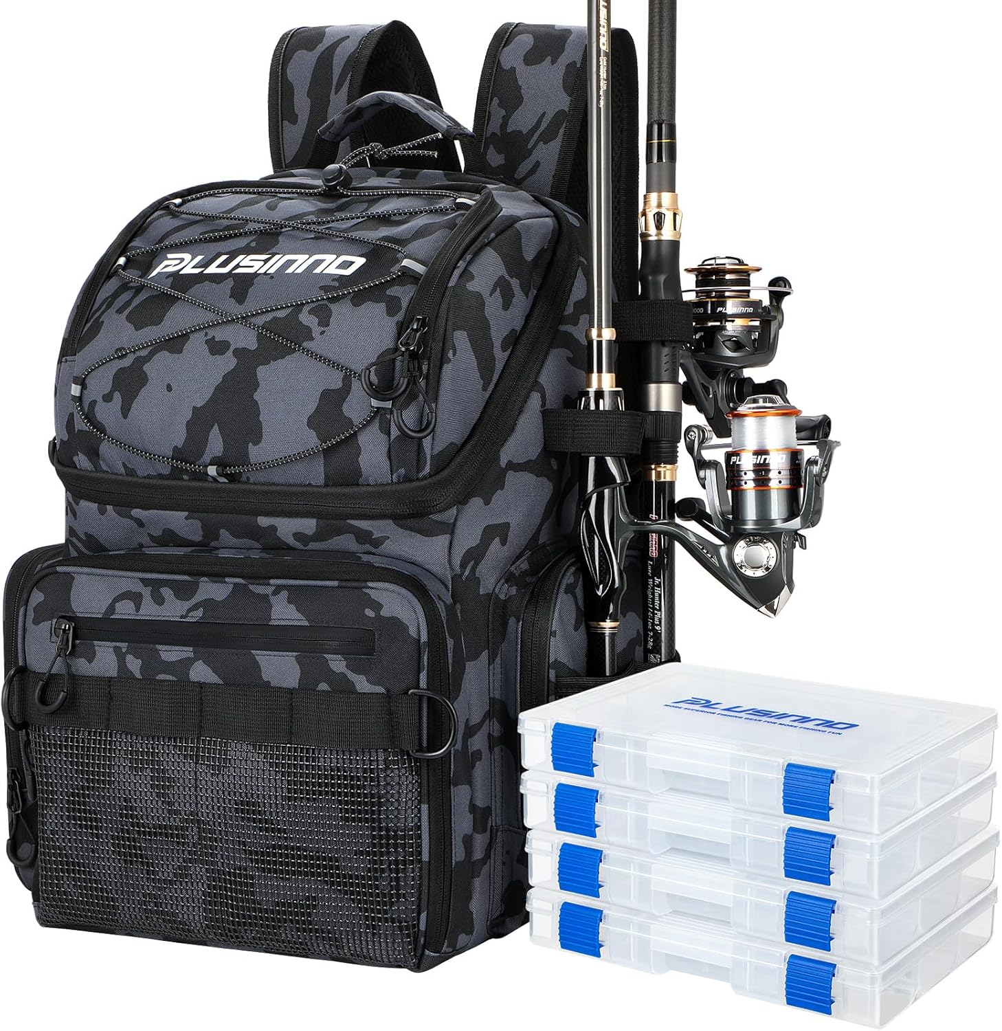 PLUSINNO 45L Large Water-resistant Backpack with Rod Holders & Cooler