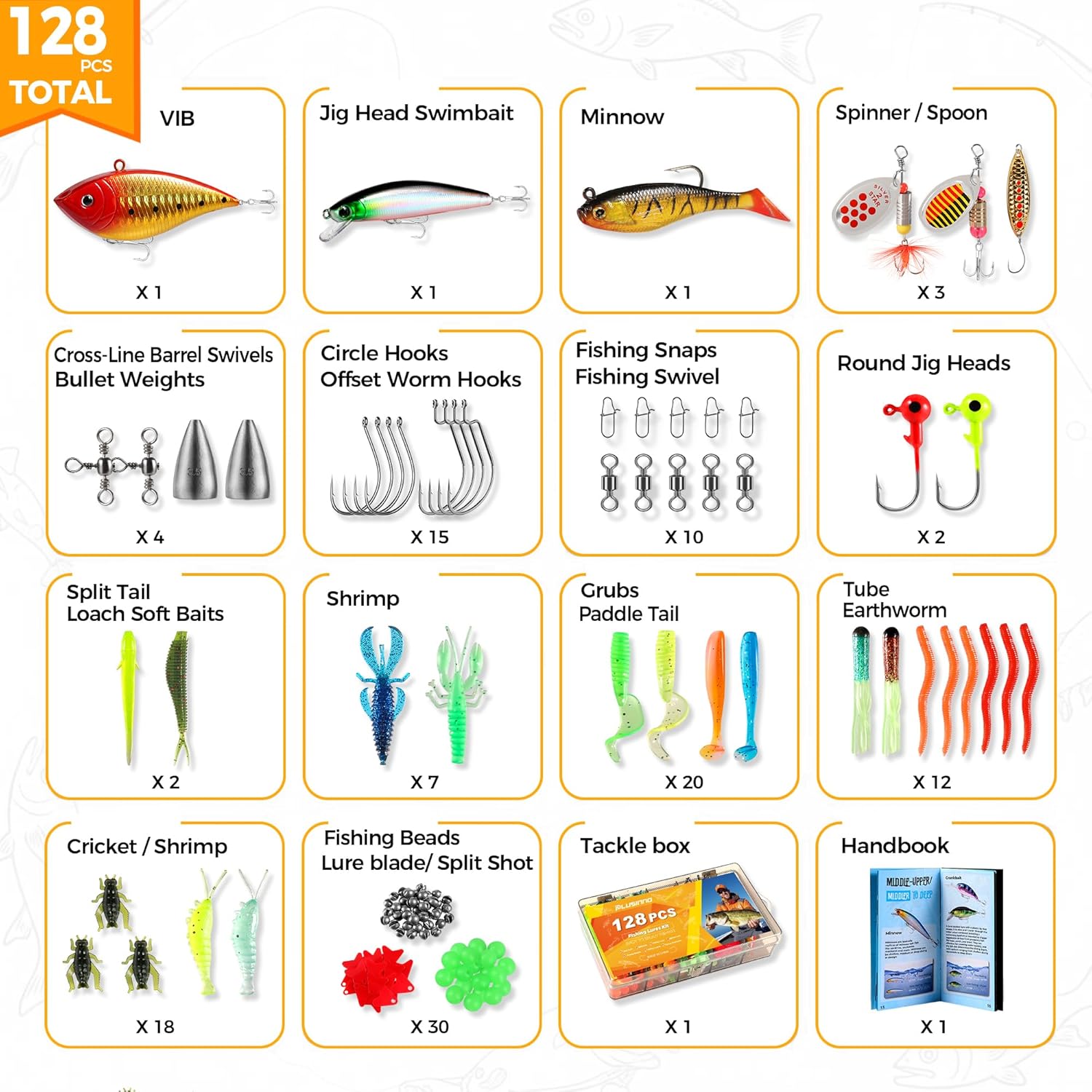 PLUSINNO 128PCS Fishing Lures, All-in-One Fishing Tackle Box with Tackle Included,