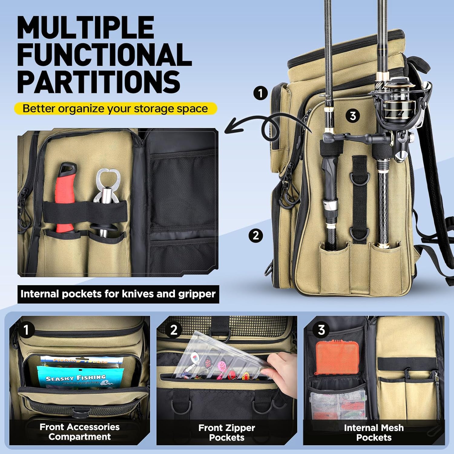 42L Multi-Combo Water-Resistant Fishing Backpack – Built-in Rod Holders + Tackle Box, multi-functional storage for all fishing gear. Heavy-duty, waterproof, keeps tackle/rods secure for angling trips.