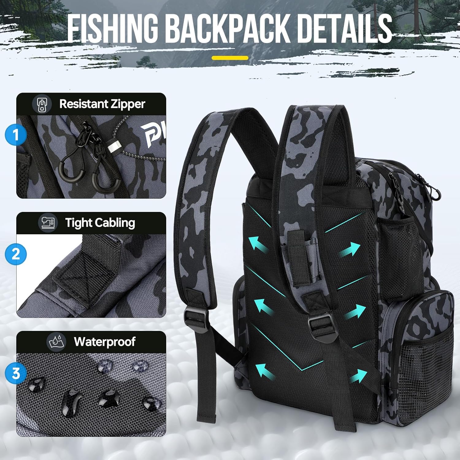 PLUSINNO 45L Large Water-resistant Backpack with Rod Holders & Cooler