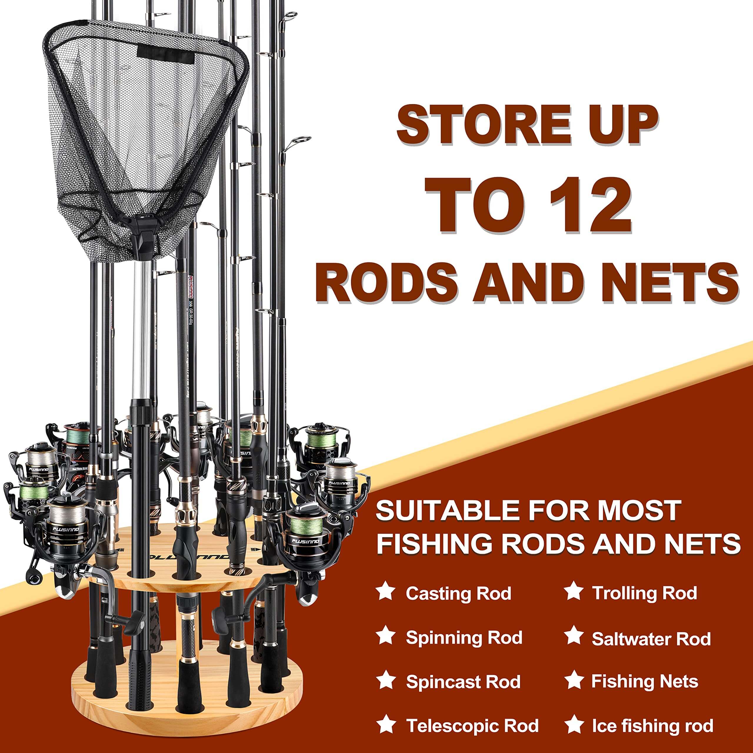 PLUSINNO V12 Wood Fishing Rod Holder for Garage Plusinno PLUSINNO V12 Wood Fishing Rod Holder for Garage Plusinno