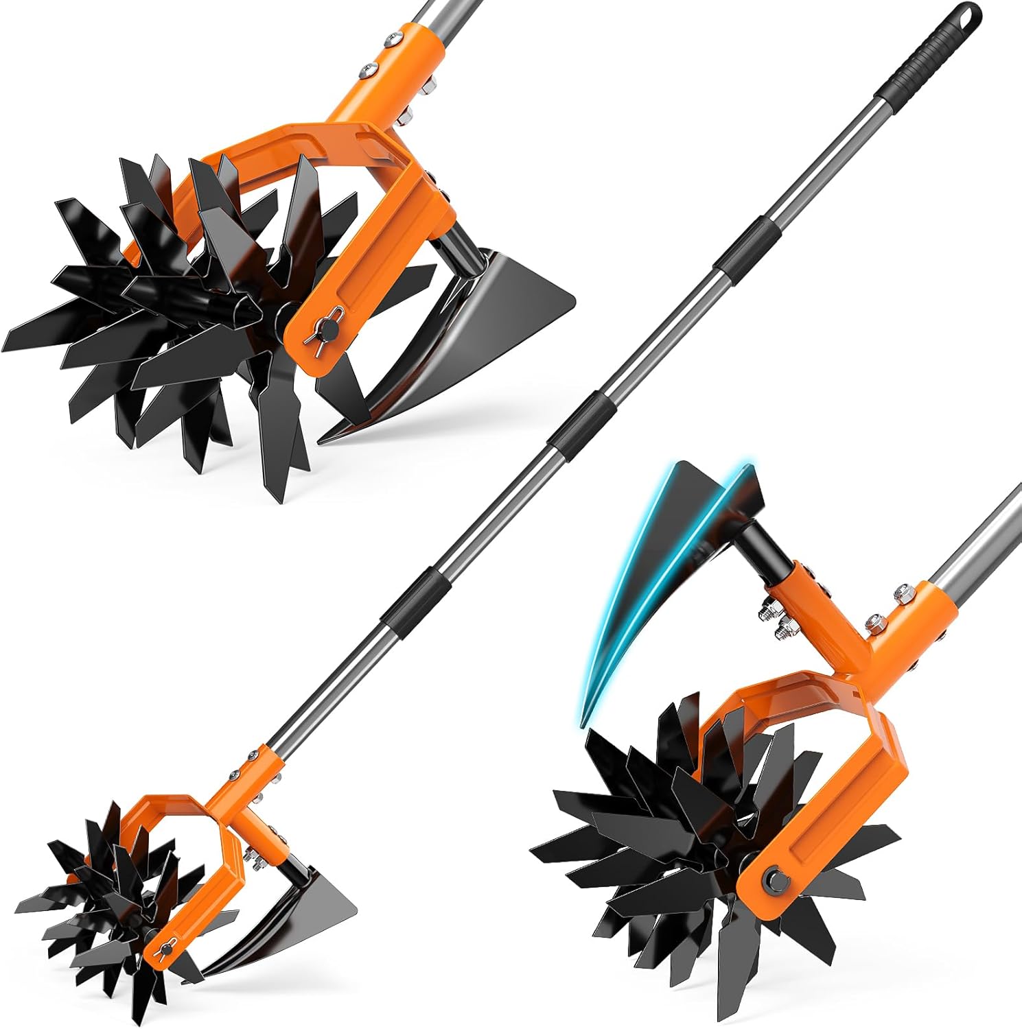 Hand Tiller Garden Cultivator, Garden Tiller with Upgrated Triangle Hoe and Adjustable Long Handle, 2-in-1 Weeder & Soil Aerator for Lawn Care, Cultivate, Plant, Reseed, Gardening Hand Tools