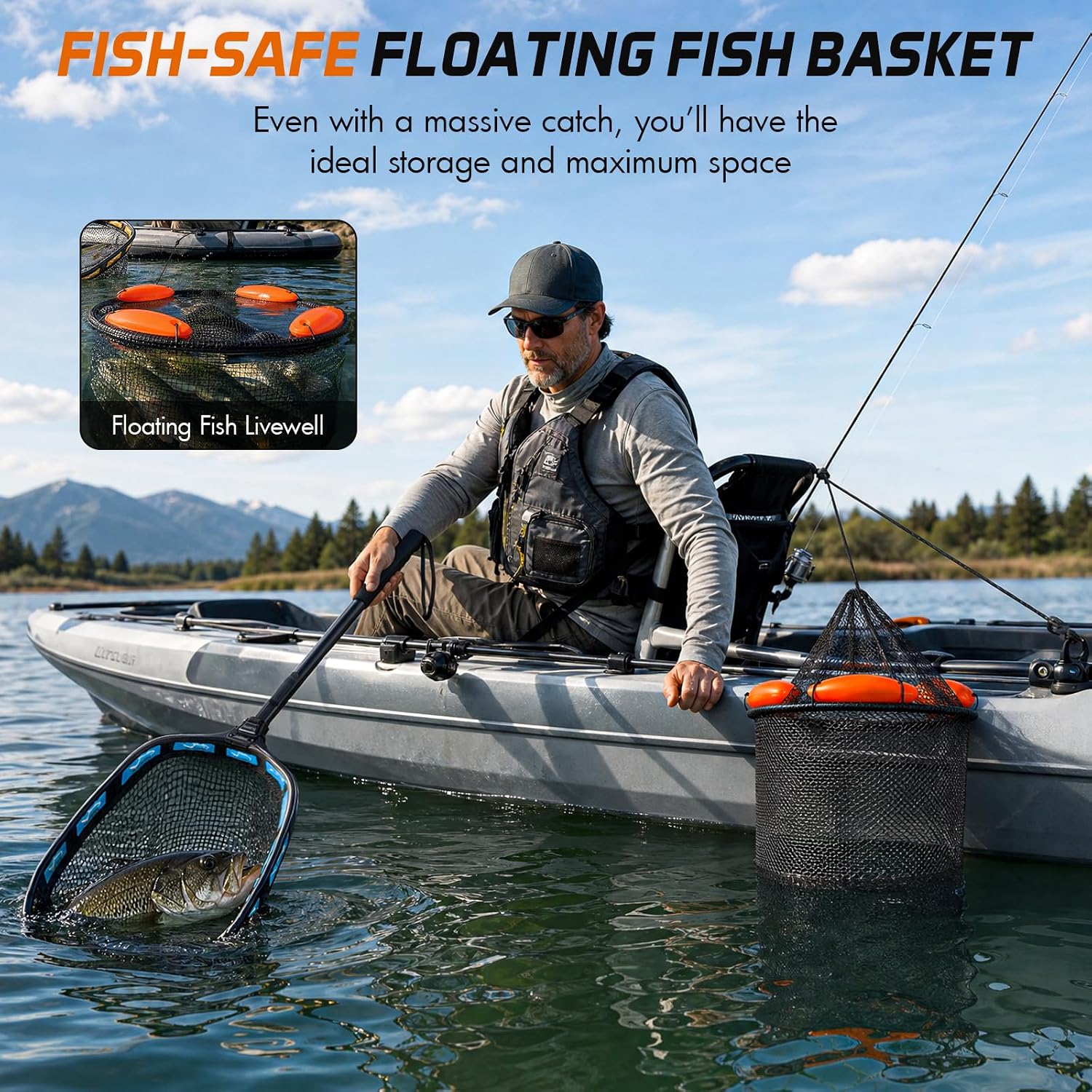 PLUSINNO Fishing Net with Floating Fish Basket 8.6 Gallons, Fishing Gear Kit