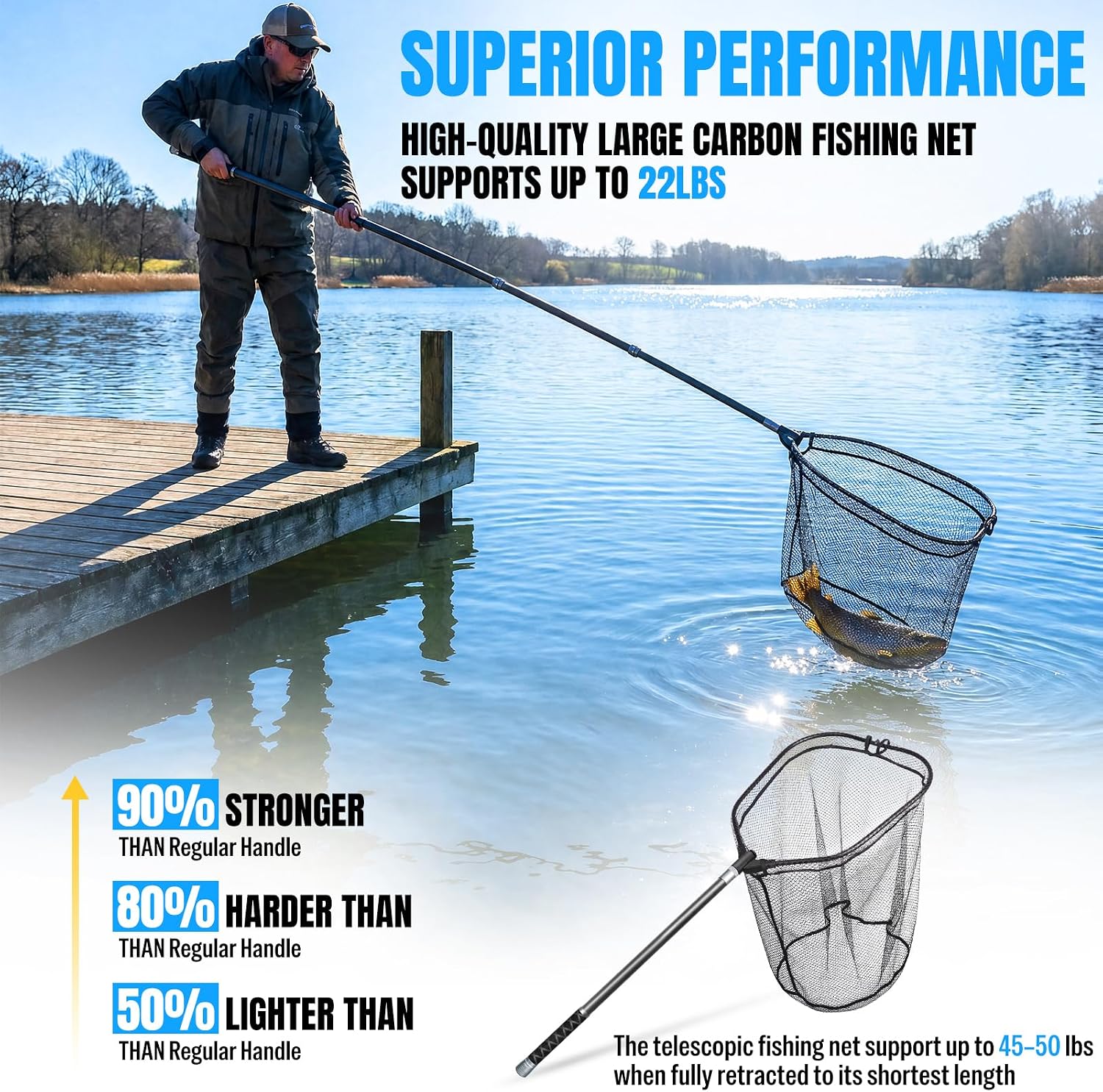 PLUSINNO Large Fishing Net, 3.4-7.7 FT Carbon Fiber Fish Net with Long Telescoping Handle,