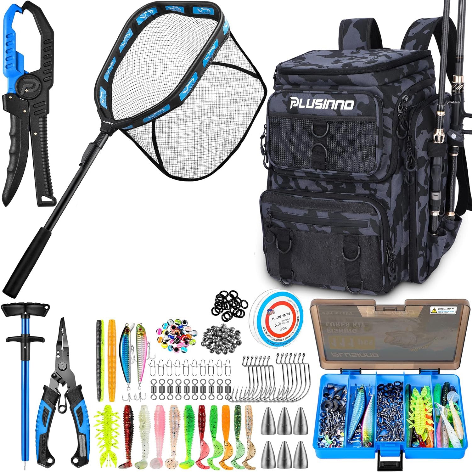 PLUSINNO Fishing Backpack with Fishing Gear Fish Net & Rod Holders Tac – Plusinno